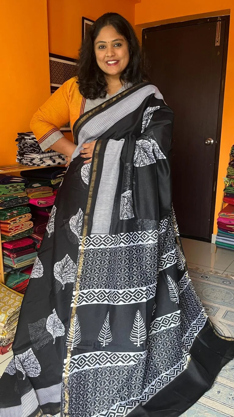 Chanderi Handblock Printed Saree – 51-01-CC-02 Black and White