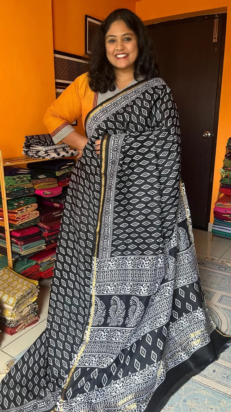 Chanderi Handblock Printed Saree – 51-01-CC-03 Black and White