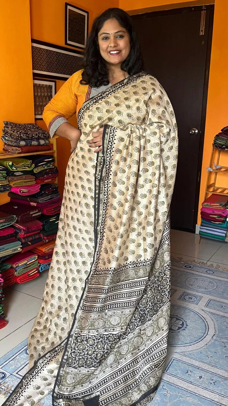 Chanderi Handblock Printed Saree – 51-01-CC-15 Cream