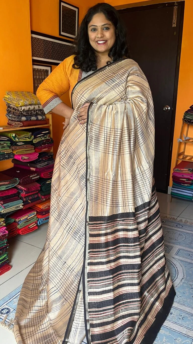 Chanderi Handblock Printed Saree – 51-01-CC-10 Cream with Black