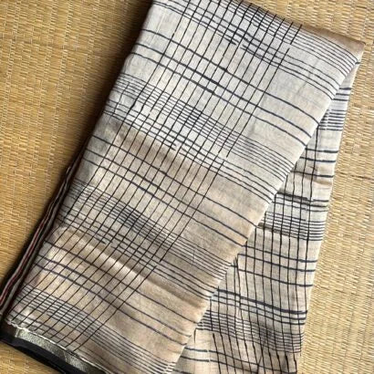 Chanderi Handblock Printed Saree – 51-01-CC-10 Cream with Black