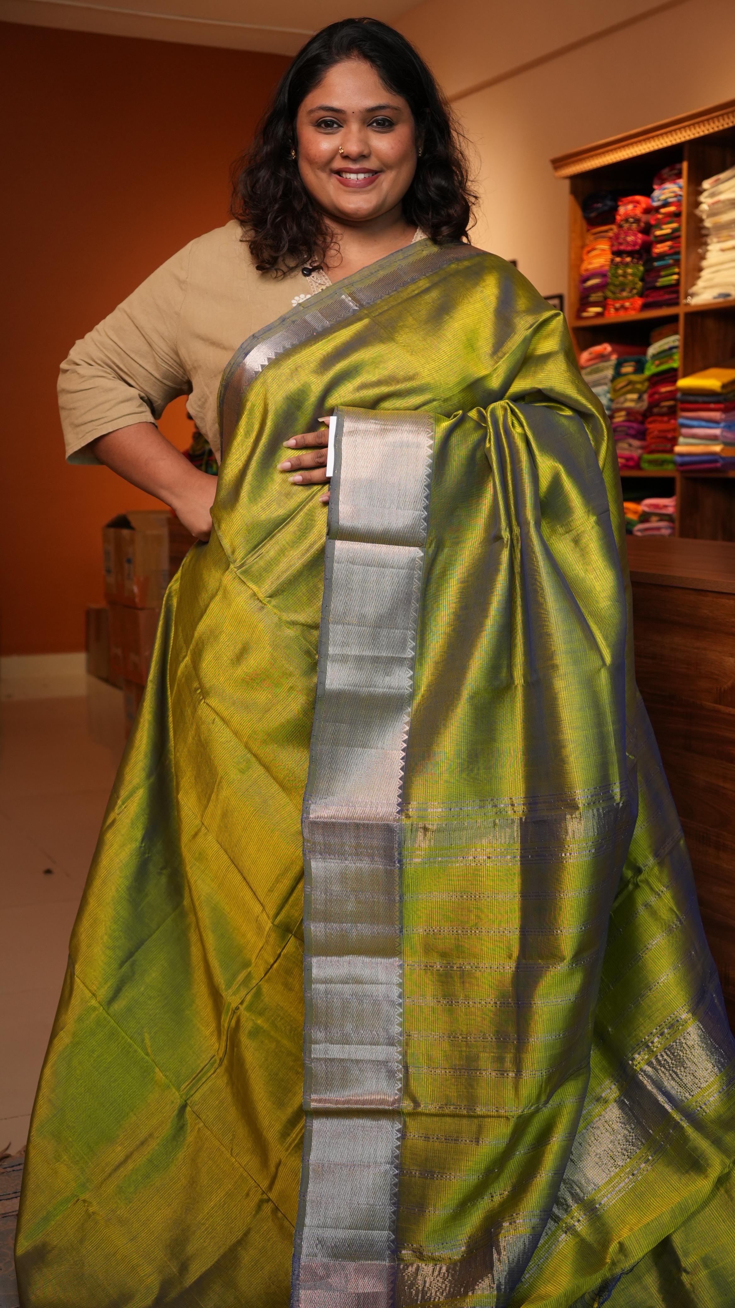 Mangalagiri Nizam Border Silk Cotton Saree -15-09B-02-14 (OLIVE GLEAM)