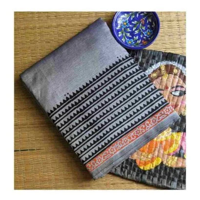 Kolam Block Print Light Grey Saree 52-BP-09