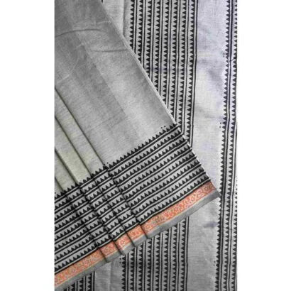 Kolam Block Print Light Grey Saree 52-BP-09