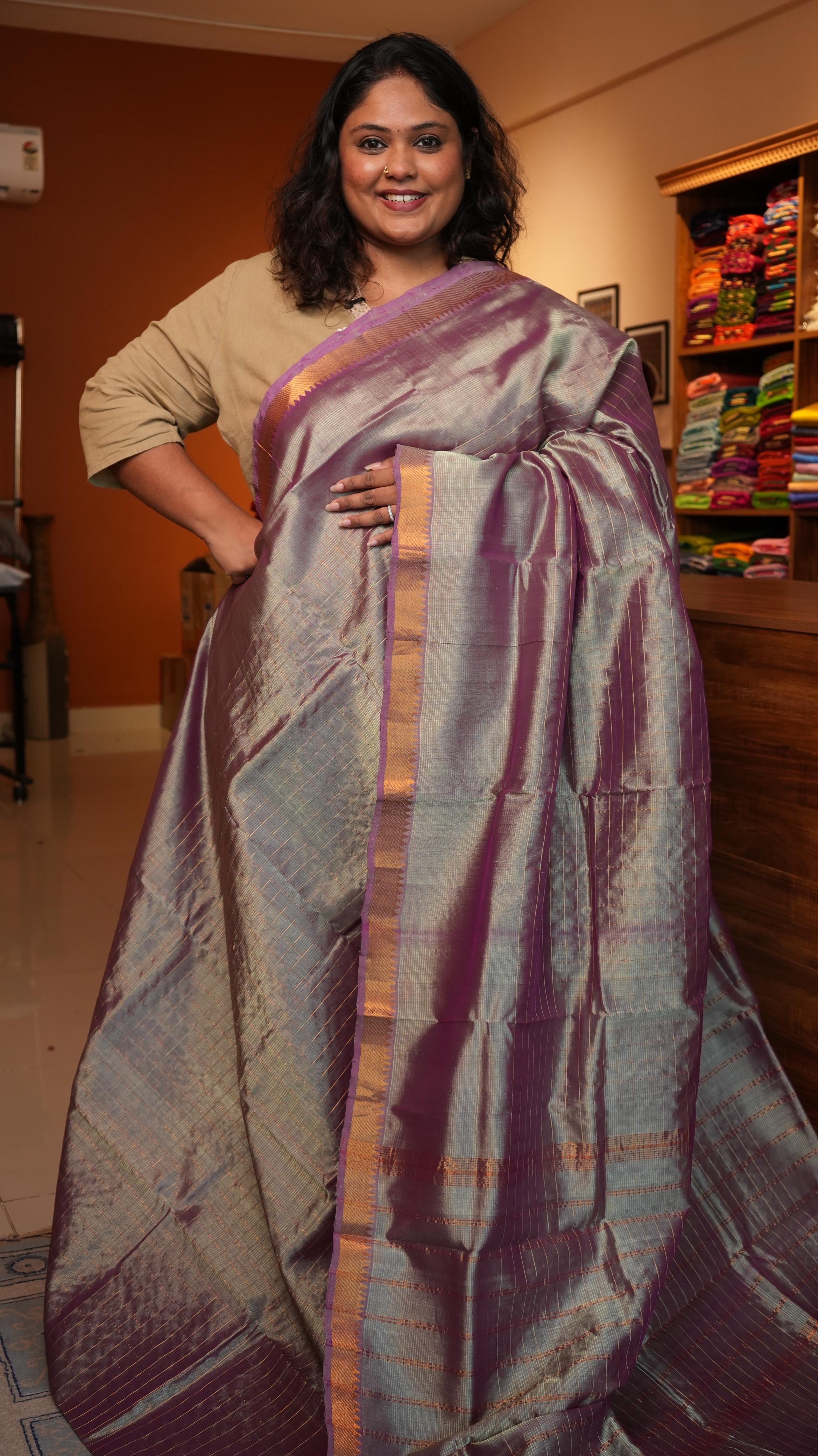Mangalagiri Zari Checks Silk Cotton Saree-15-09B-03-01 (LILLA ARGENTATO)