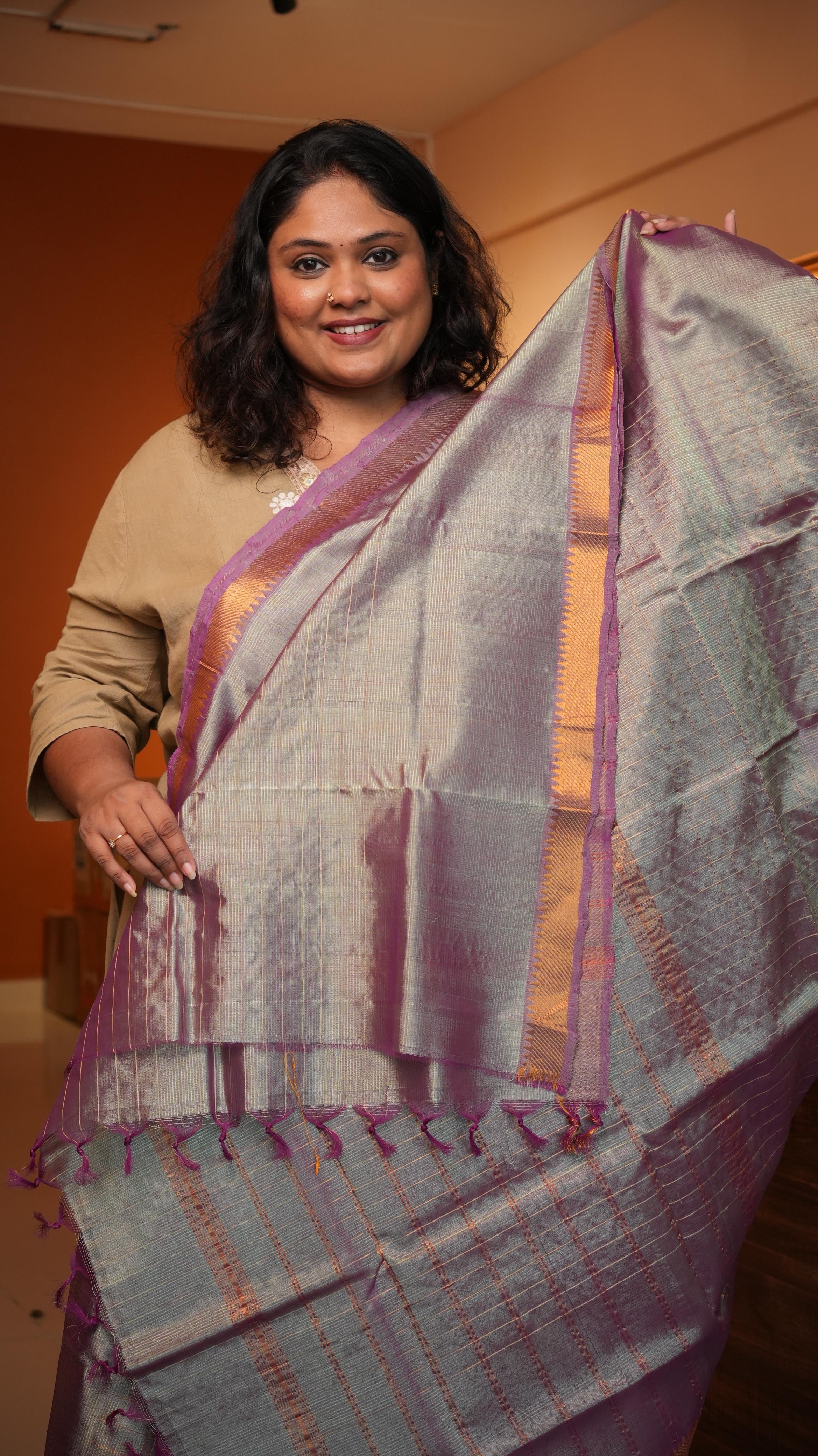 Mangalagiri Zari Checks Silk Cotton Saree-15-09B-03-01 (LILLA ARGENTATO)