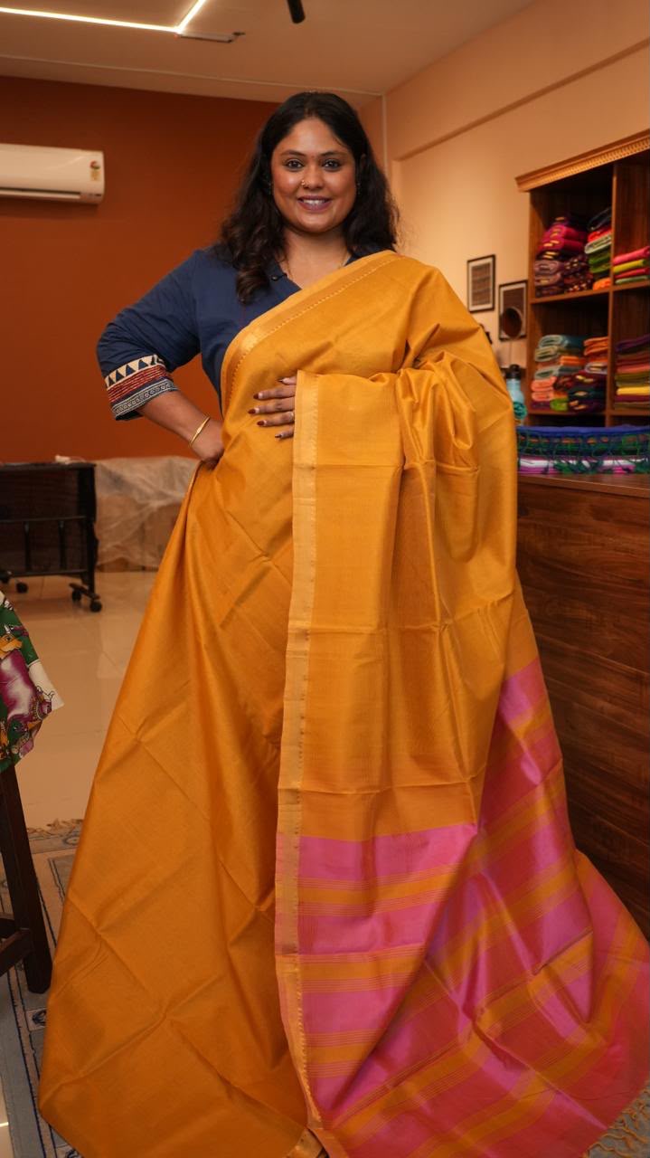 Mangalagiri Silk Cotton Small Border Saree - 15-07-03-02  (Amber Glow)