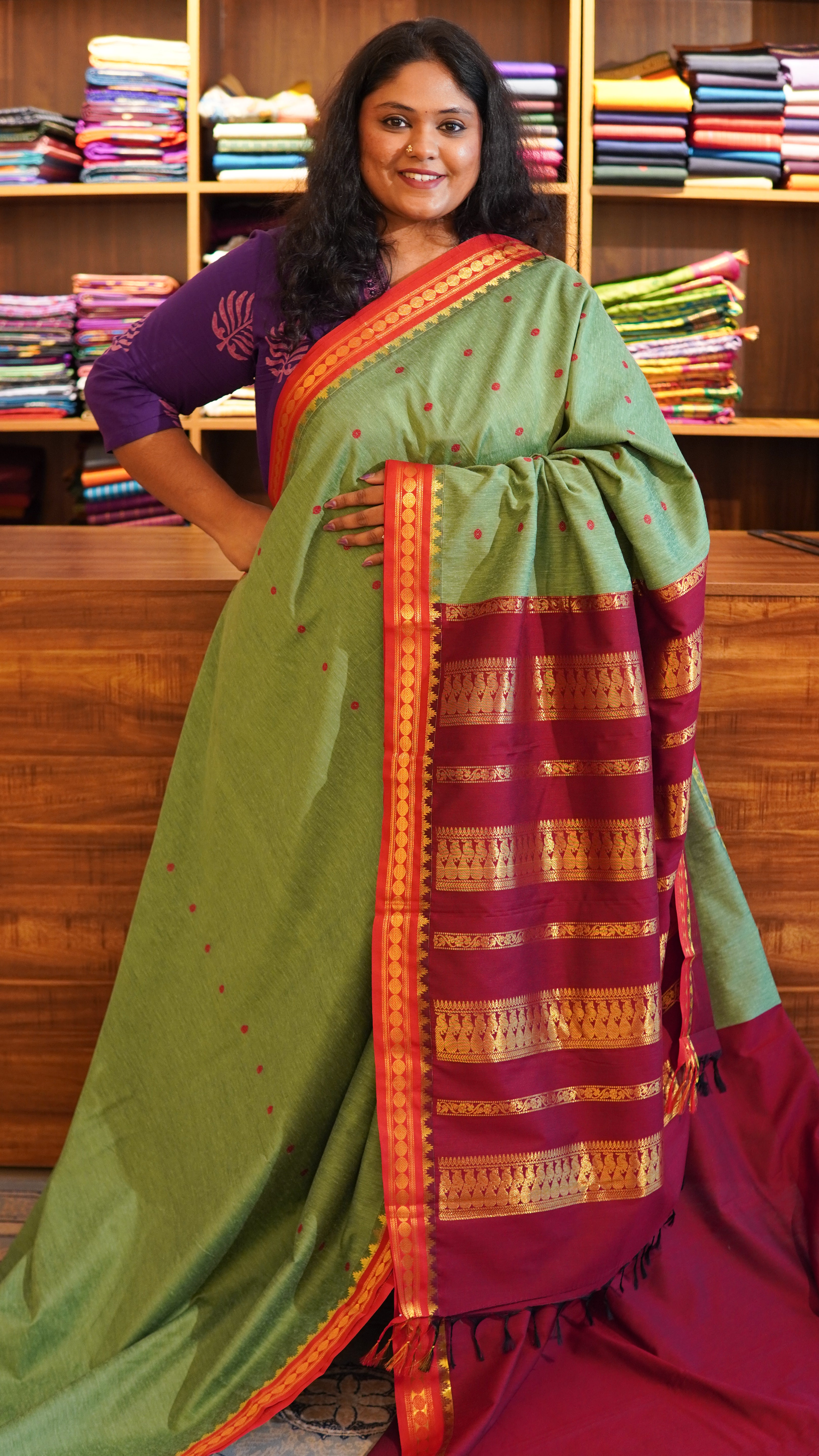 Semi Silk Bhutta Saree - 01-08B-02-19 (Pista Green with Red)