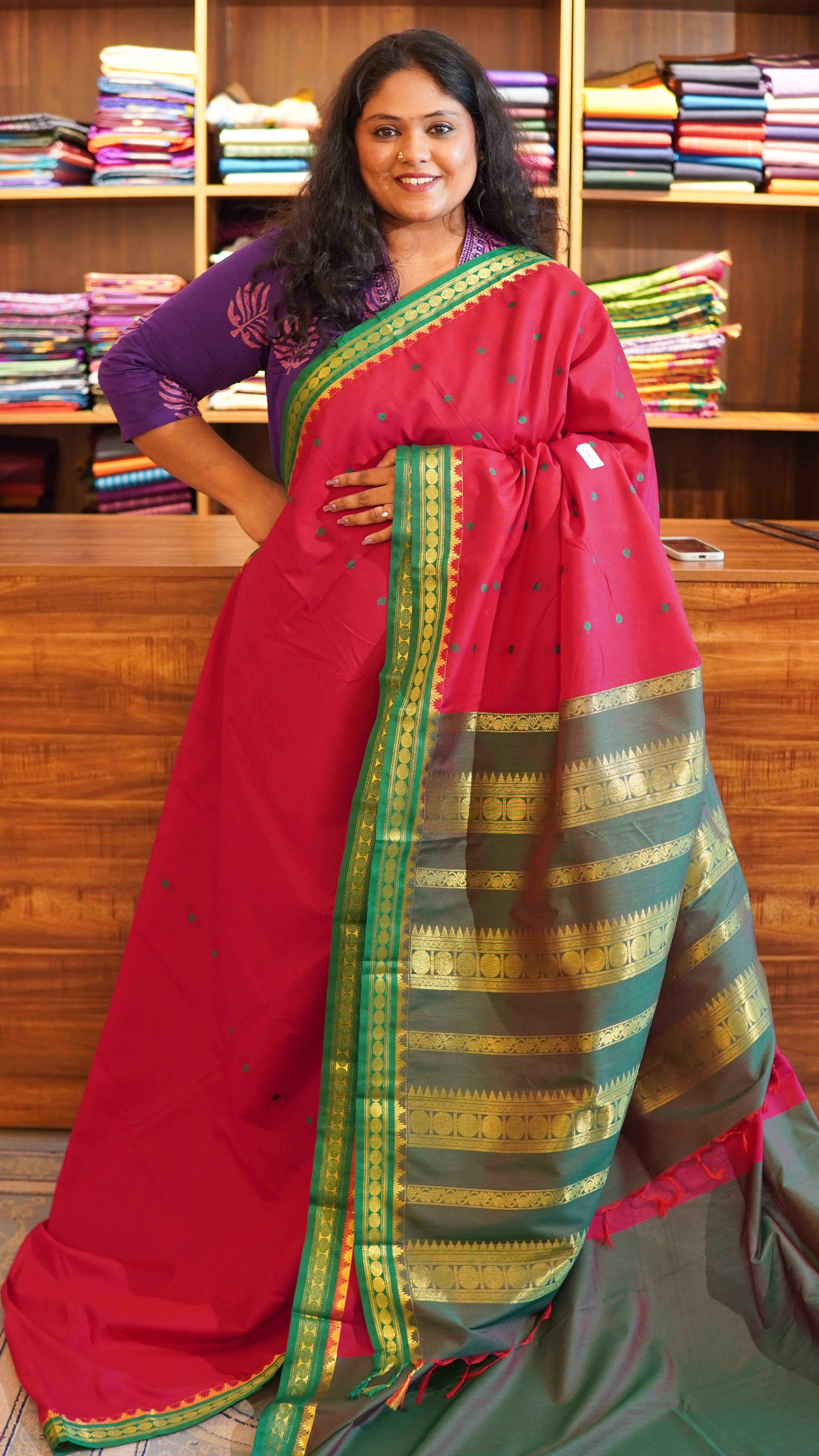 Semi Silk Bhutta Saree -  01-08B-02-15 (Pink Green)