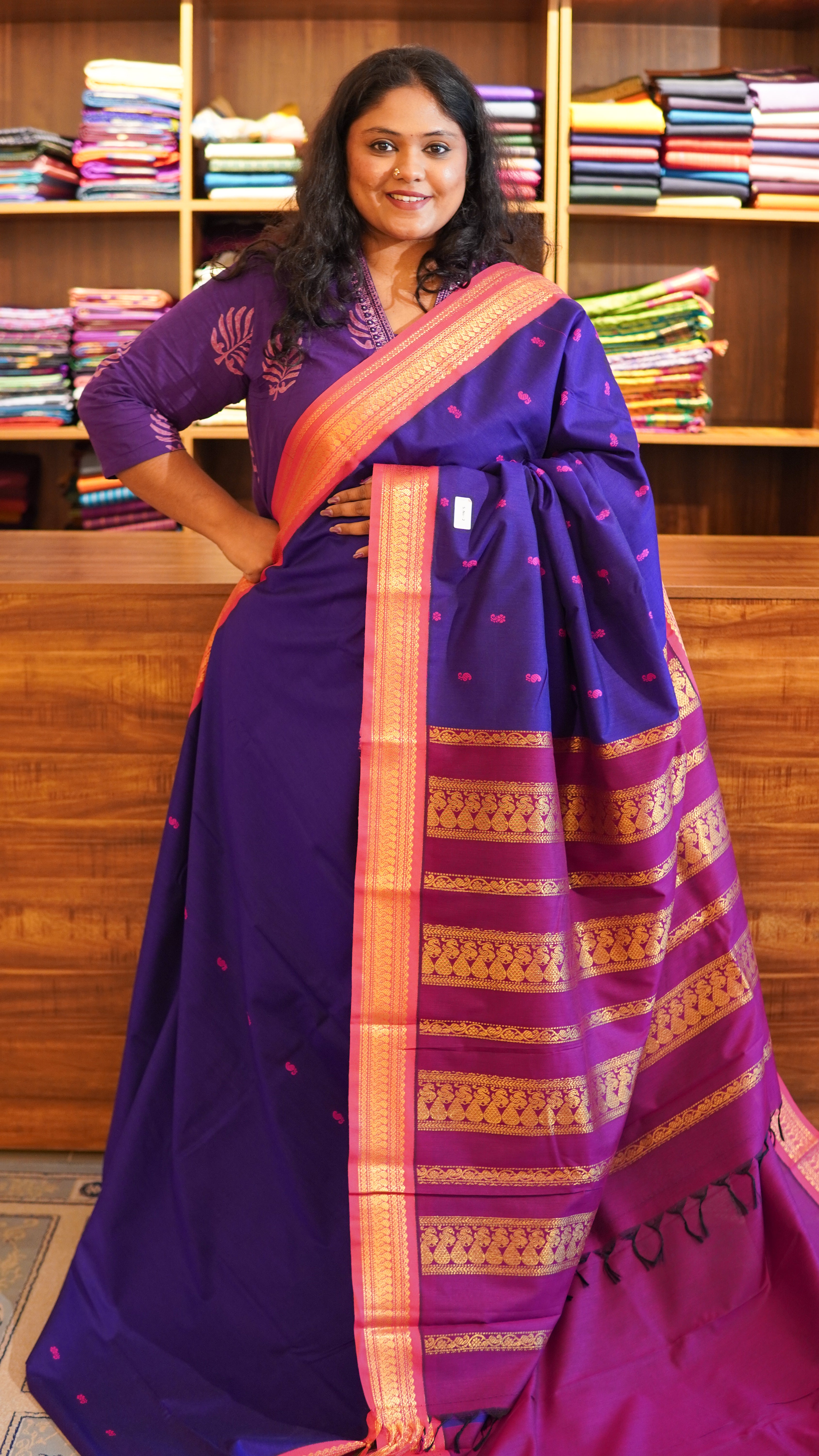 Semi Silk Bhutta Saree - 01-08B-02-65 (Violet with Pink)
