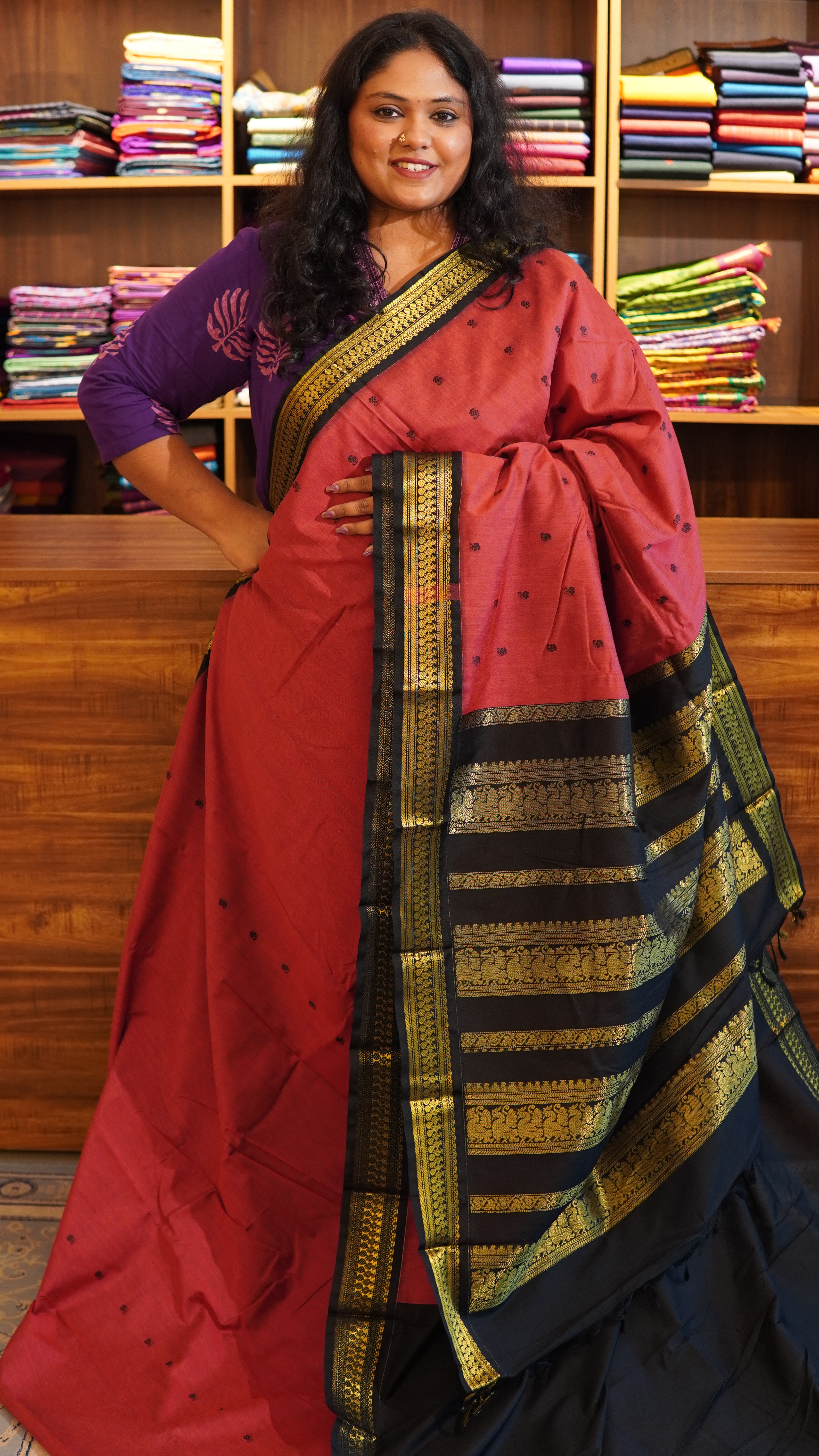 Semi Silk Bhutta Saree - 01-08B-02-09 (Mauve with Black)