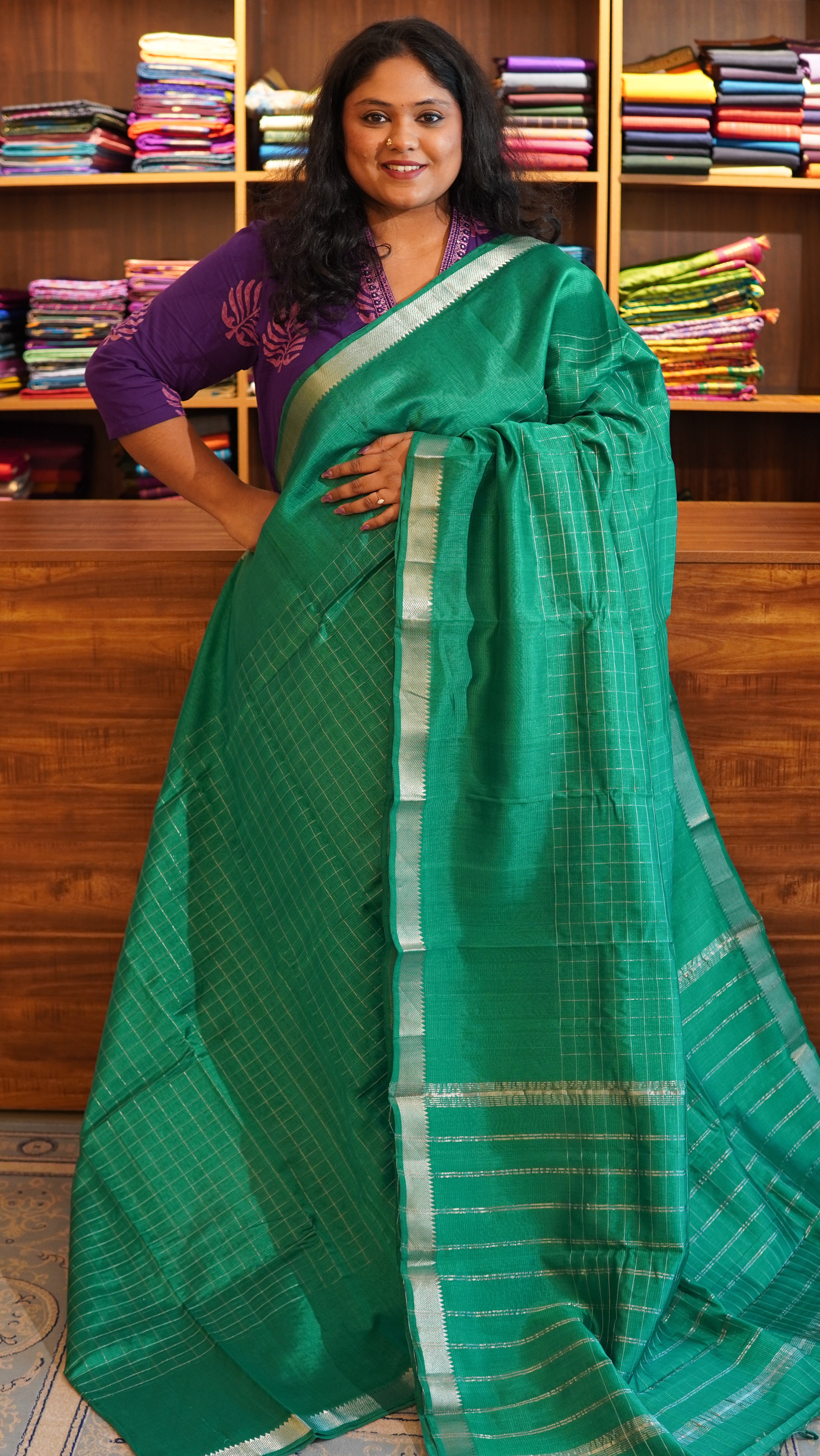 Mangalgiri Silk Cotton Kattam Saree - 15-10-02-02 (Teal Green)