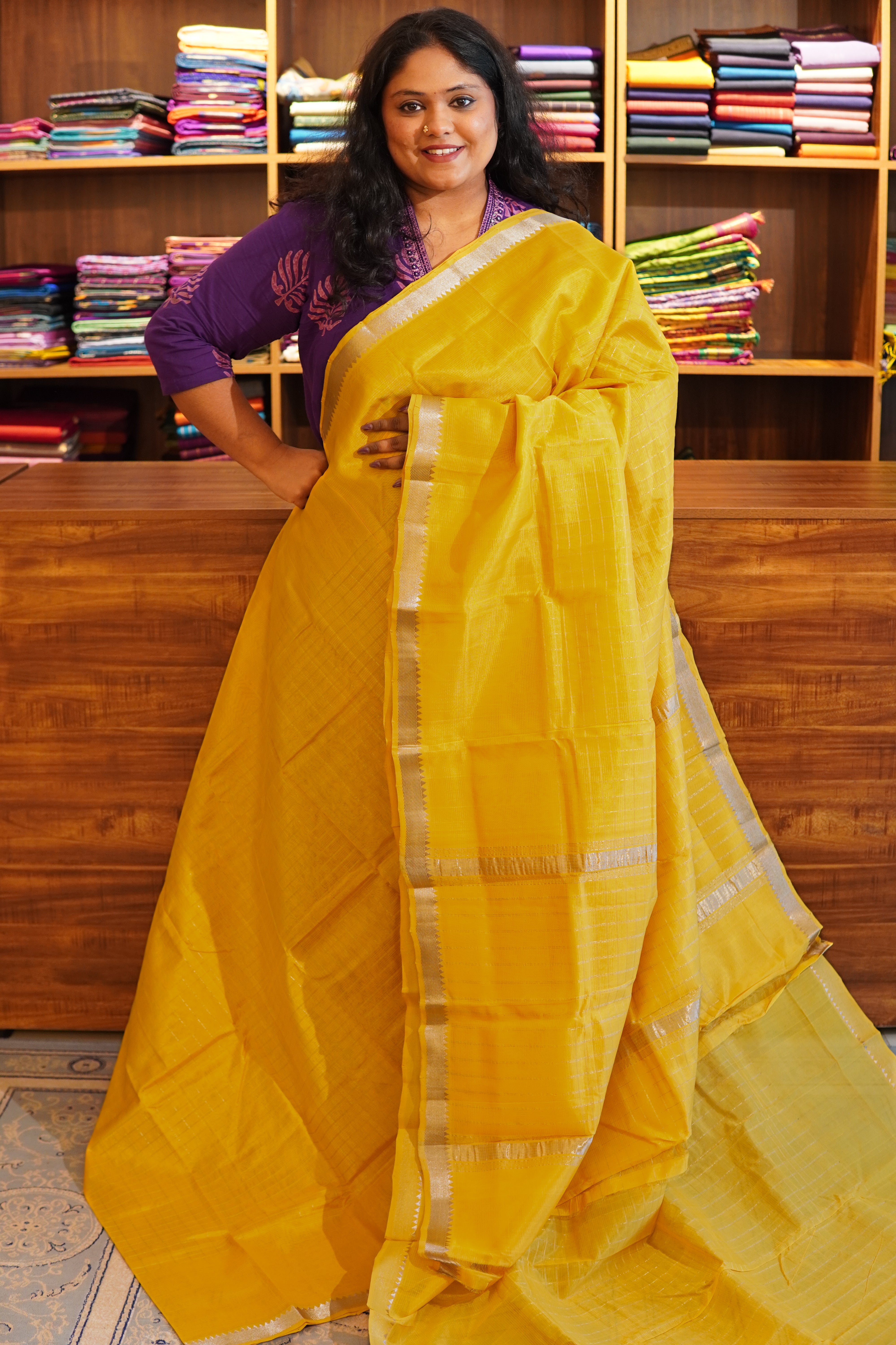 Mangalgiri Silk Cotton Kattam Saree - 15-10-02-05 (Yellow)