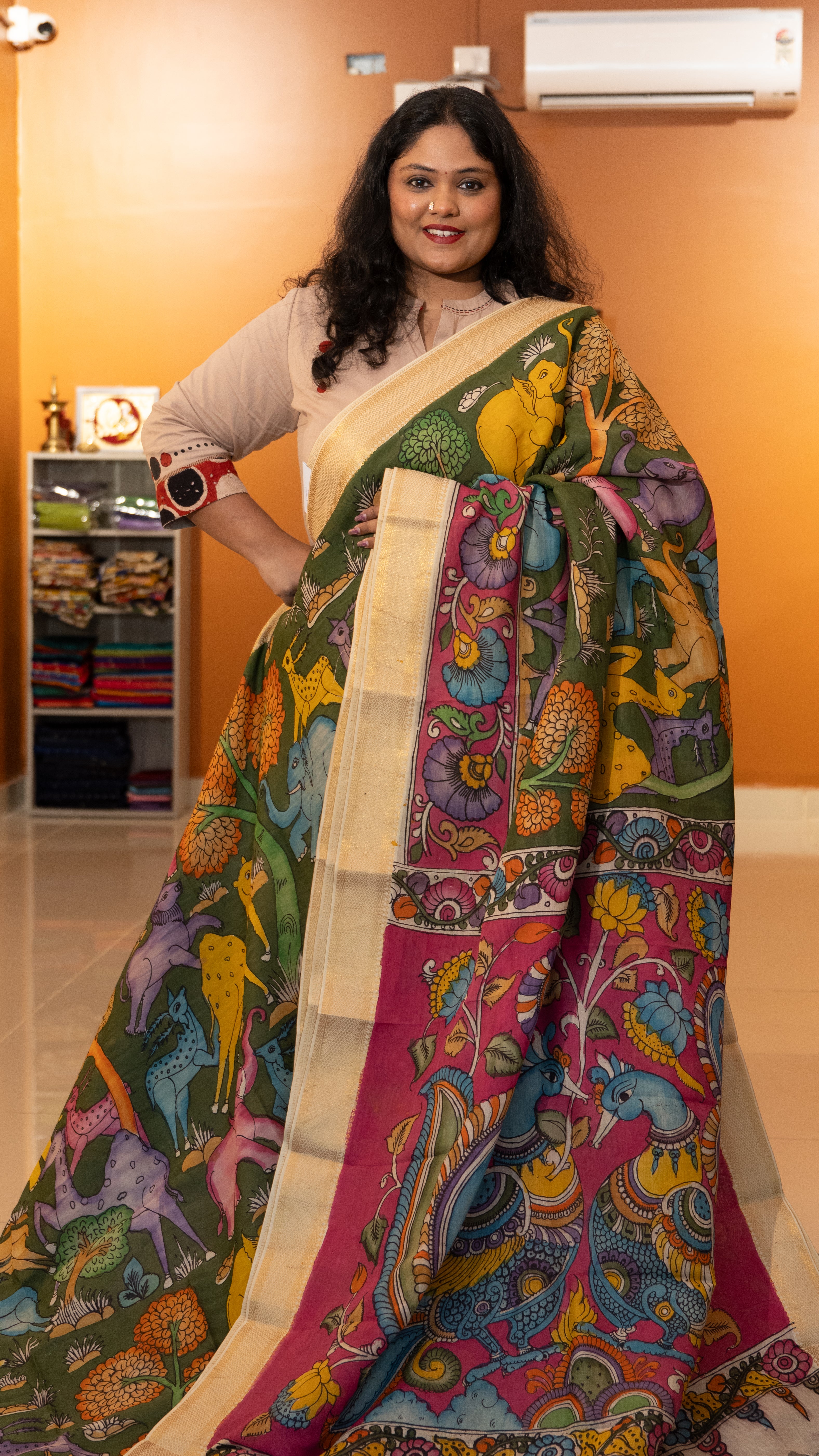 Pen Kalamkari Saree - 02-11-01-05 (Green with Striking Pink Pallu)