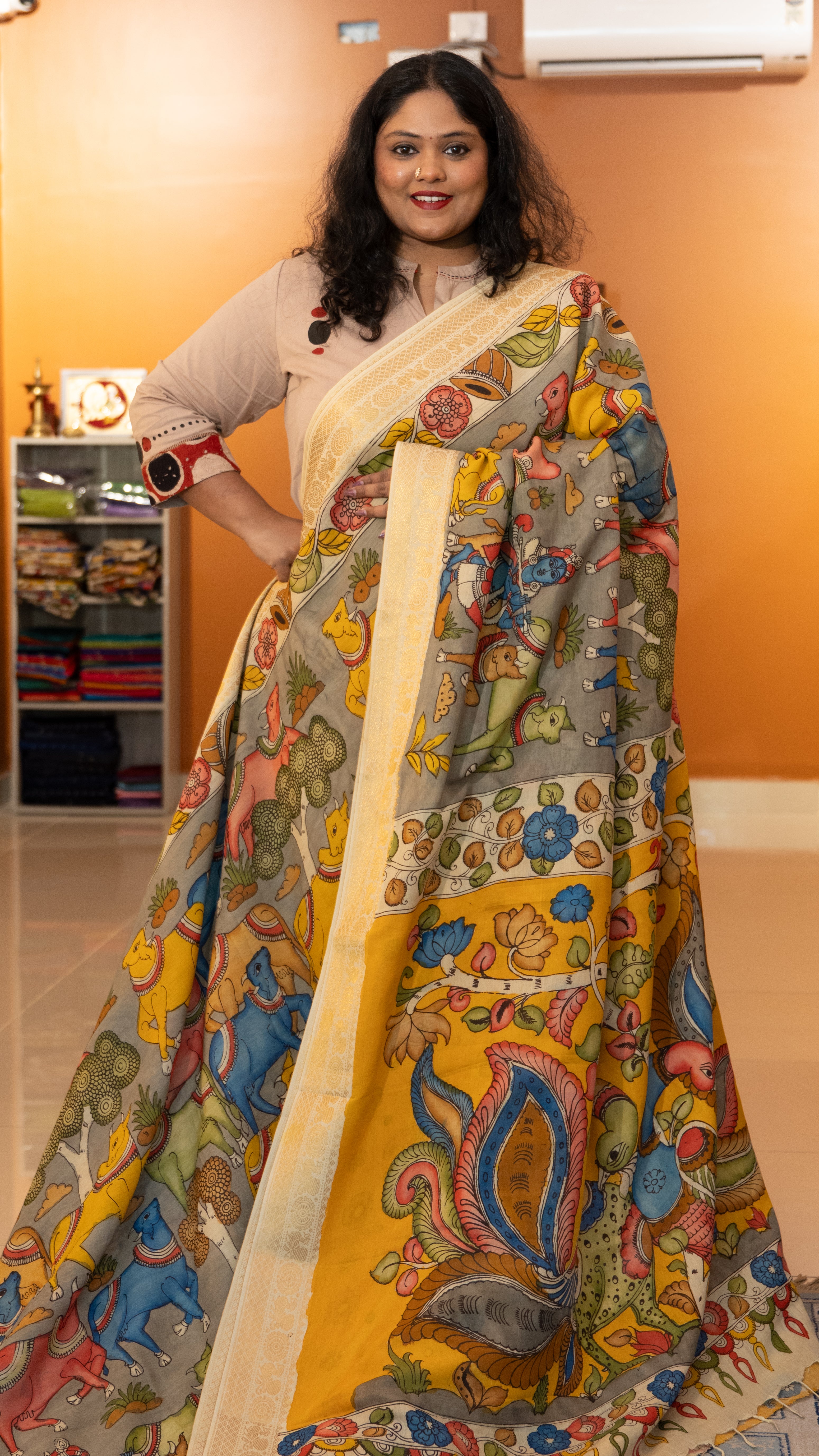 Pen Kalamkari Saree - 02-11-01-08 (Grey)