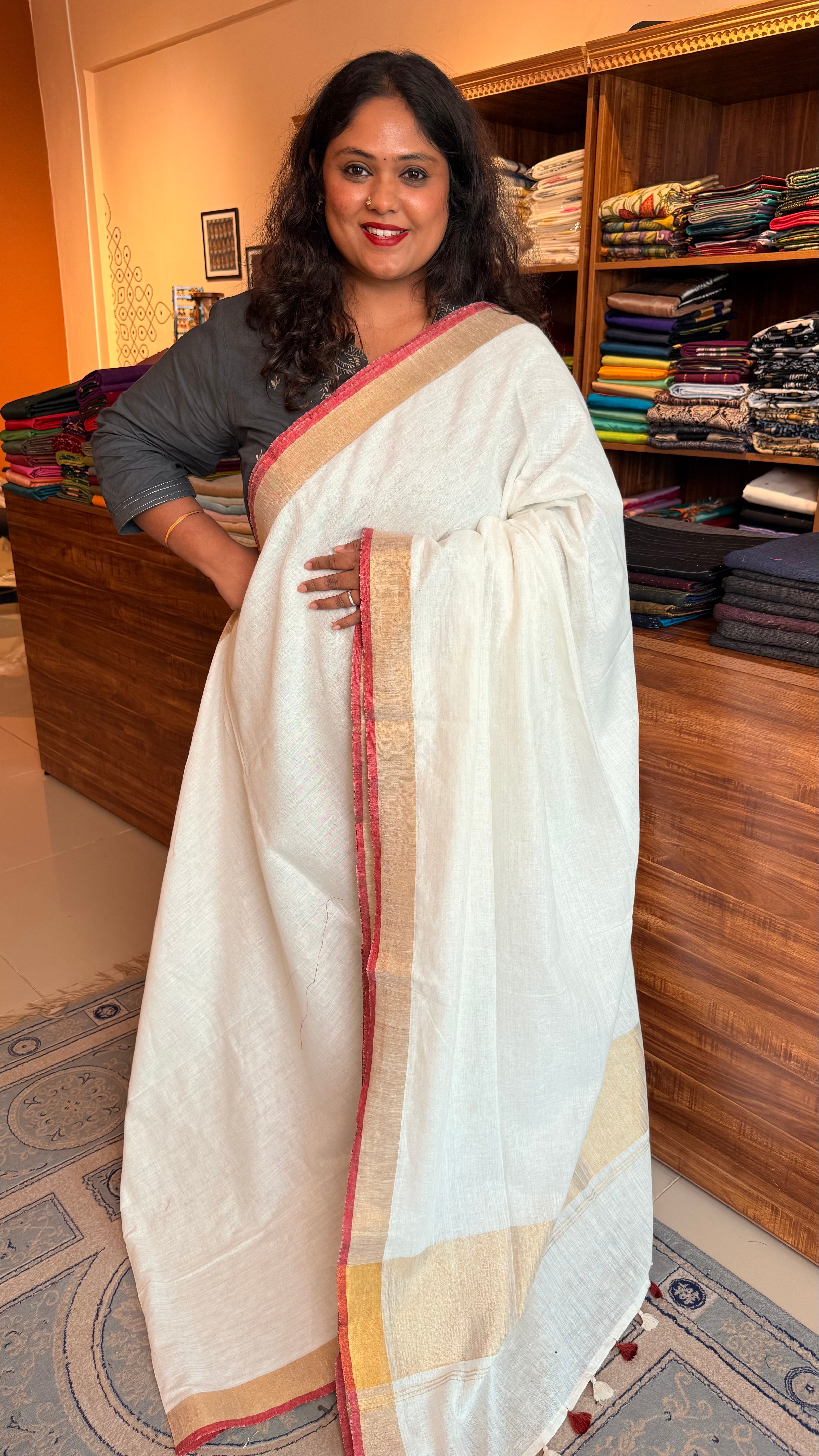 Bhagalpuri Linen - Onam Specials 06-07-01-01 (WHITE GOLD LINEN)