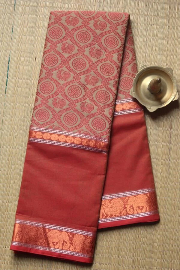 Kanchi Cotton Long Border Cream with Red Saree 01-12-04-PCS-03