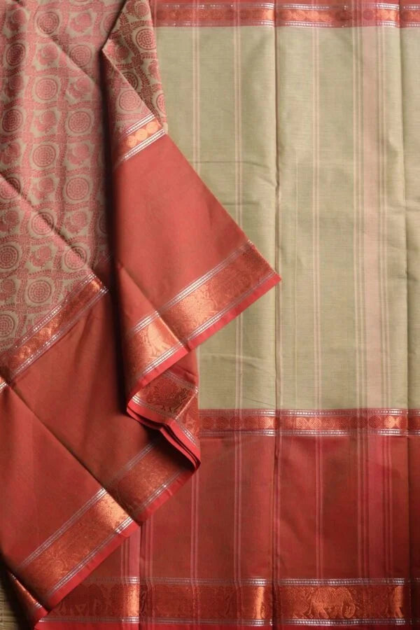 Kanchi Cotton Long Border Cream with Red Saree 01-12-04-PCS-03