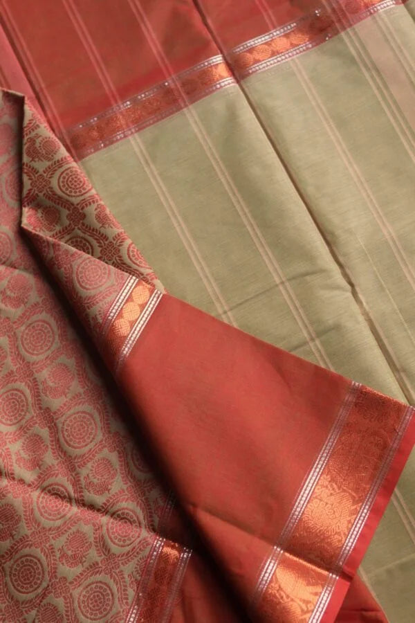 Kanchi Cotton Long Border Cream with Red Saree 01-12-04-PCS-03