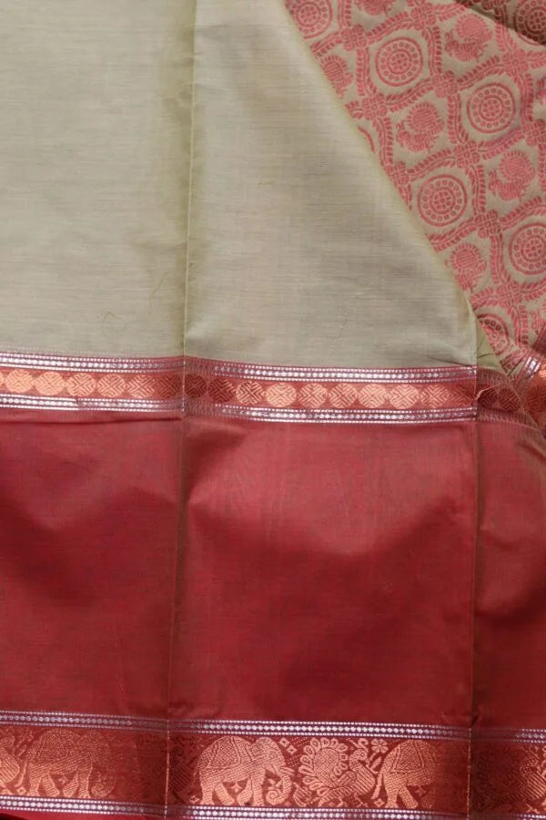 Kanchi Cotton Long Border Cream with Red Saree 01-12-04-PCS-03