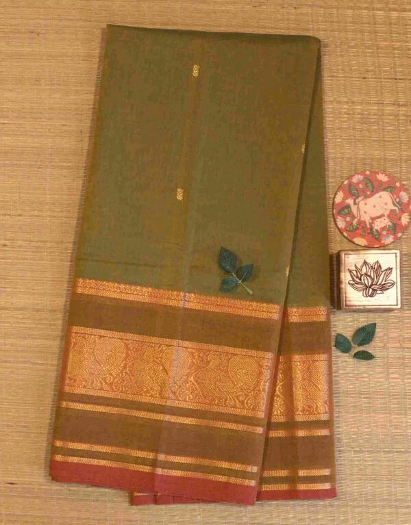 Kanchi Cotton Mehendi Green Saree 01-05-07-PCS-20