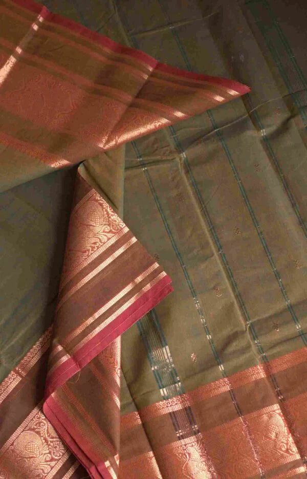 Kanchi Cotton Mehendi Green Saree 01-05-07-PCS-20