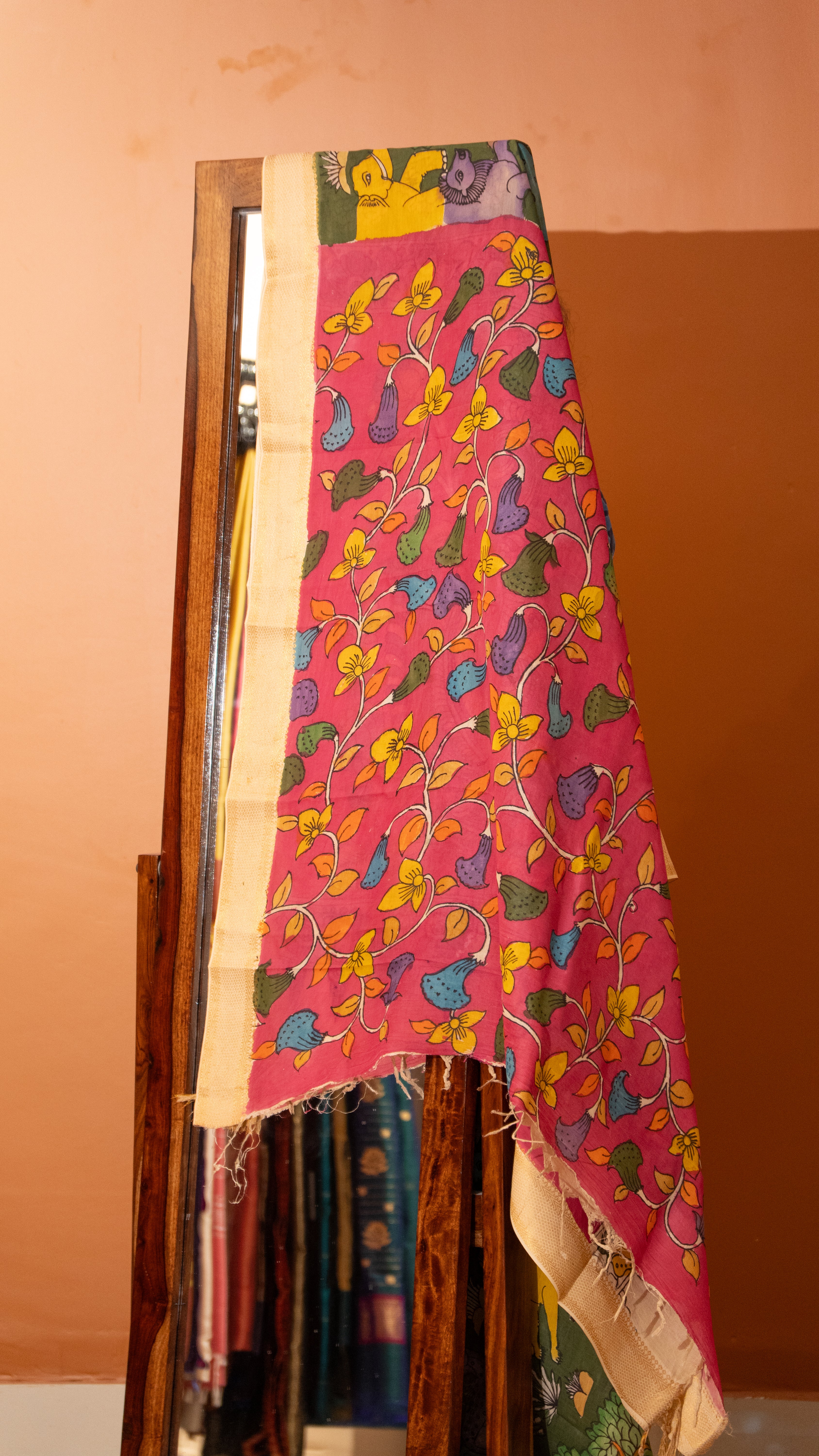 Pen Kalamkari Saree - 02-11-01-05 (Green with Striking Pink Pallu)