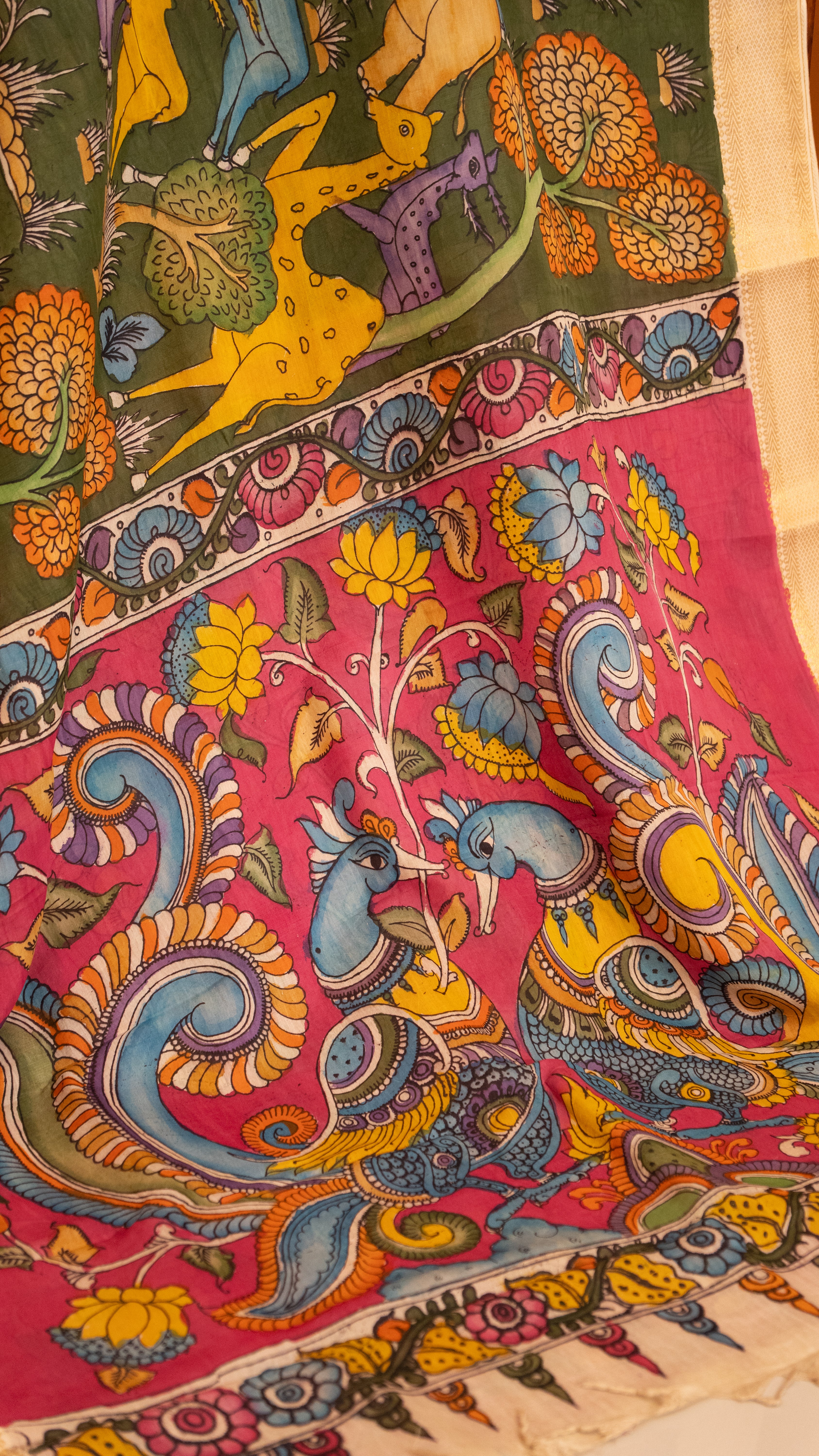 Pen Kalamkari Saree - 02-11-01-05 (Green with Striking Pink Pallu)