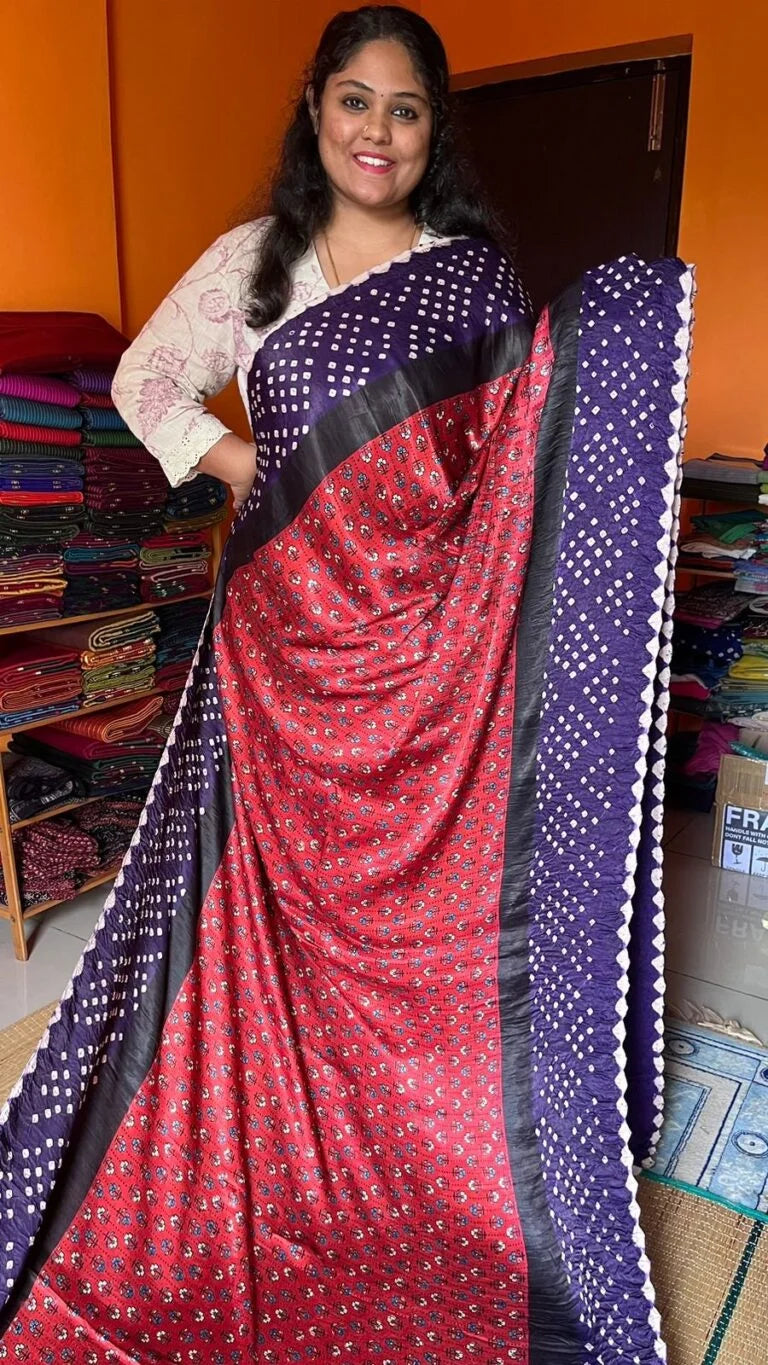 Ajrakh Modal Silk Red with Violet Saree 46-02-SMS-10