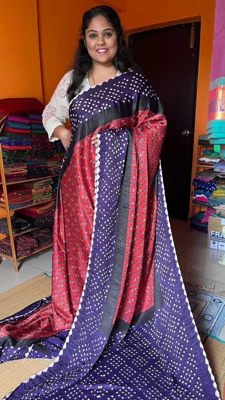 Ajrakh Modal Silk Red with Violet Saree 46-02-SMS-10