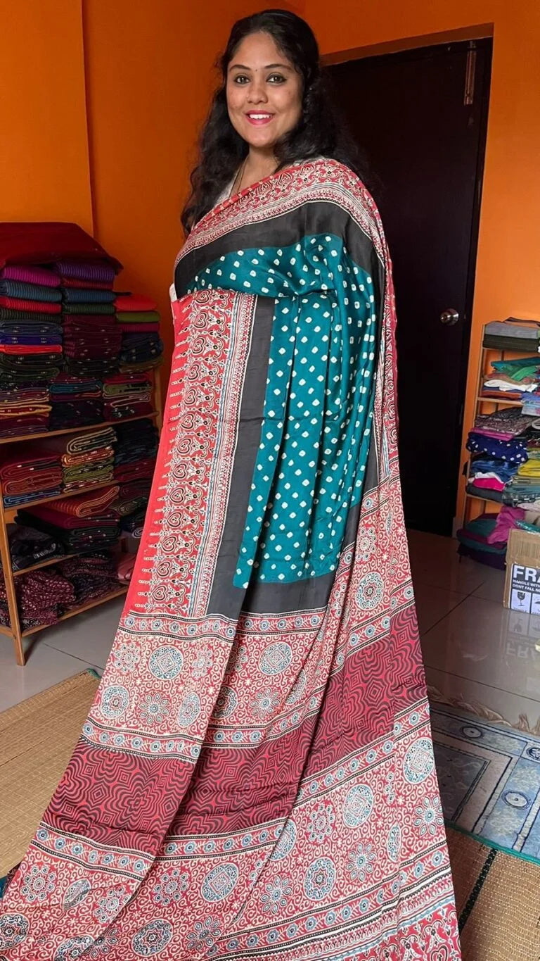 Bandhini with Ajrakh Modal Silk Saree 46-10-BA-02