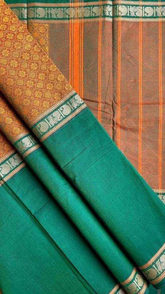 Kanchi Cotton Mubbagam 01-08-08-PCS-28- Greenish yellow with Orange