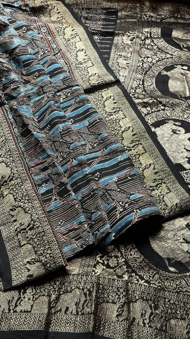 Ajrakh Dola Silk Saree – 46-12-ADS-05 Black