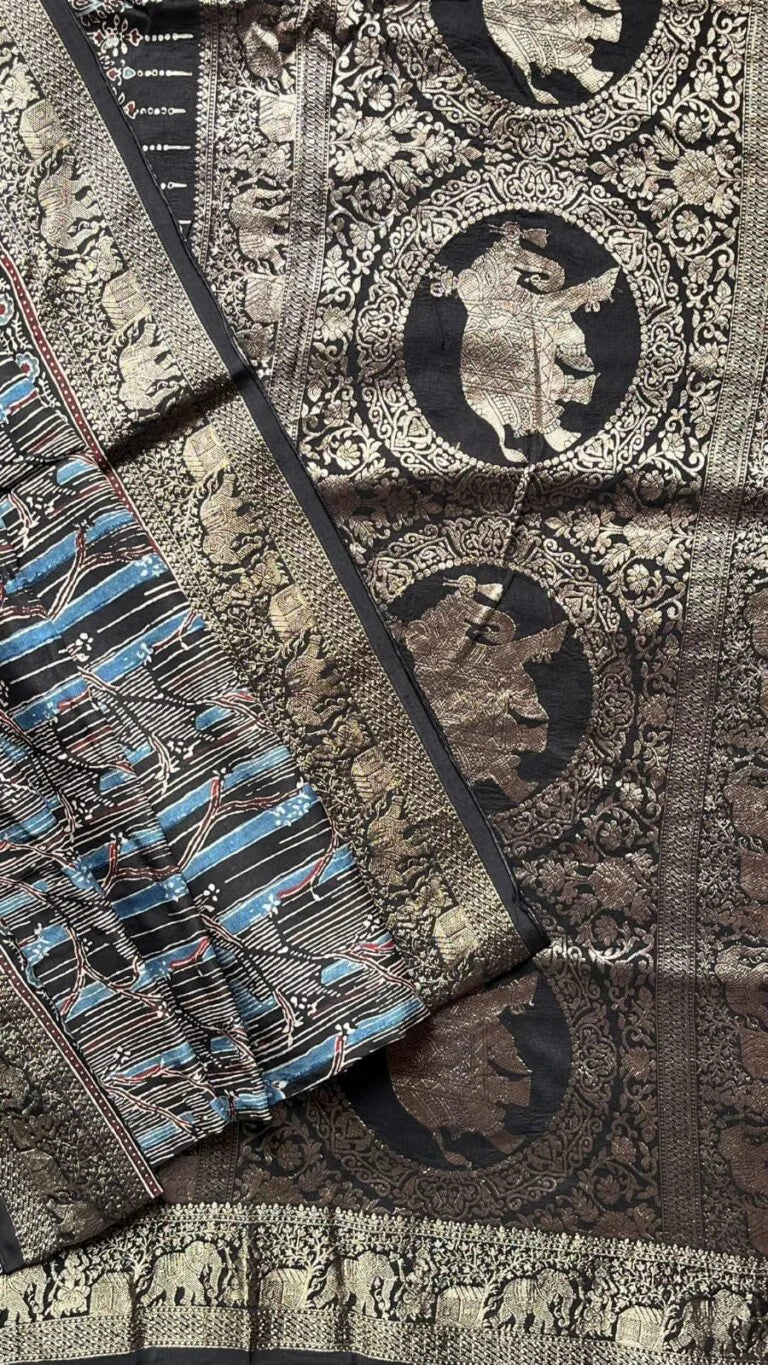 Ajrakh Dola Silk Saree – 46-12-ADS-05 Black
