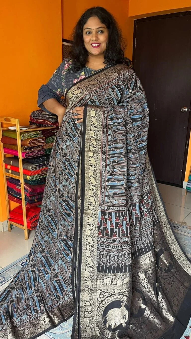 Ajrakh Dola Silk Saree – 46-12-ADS-05 Black