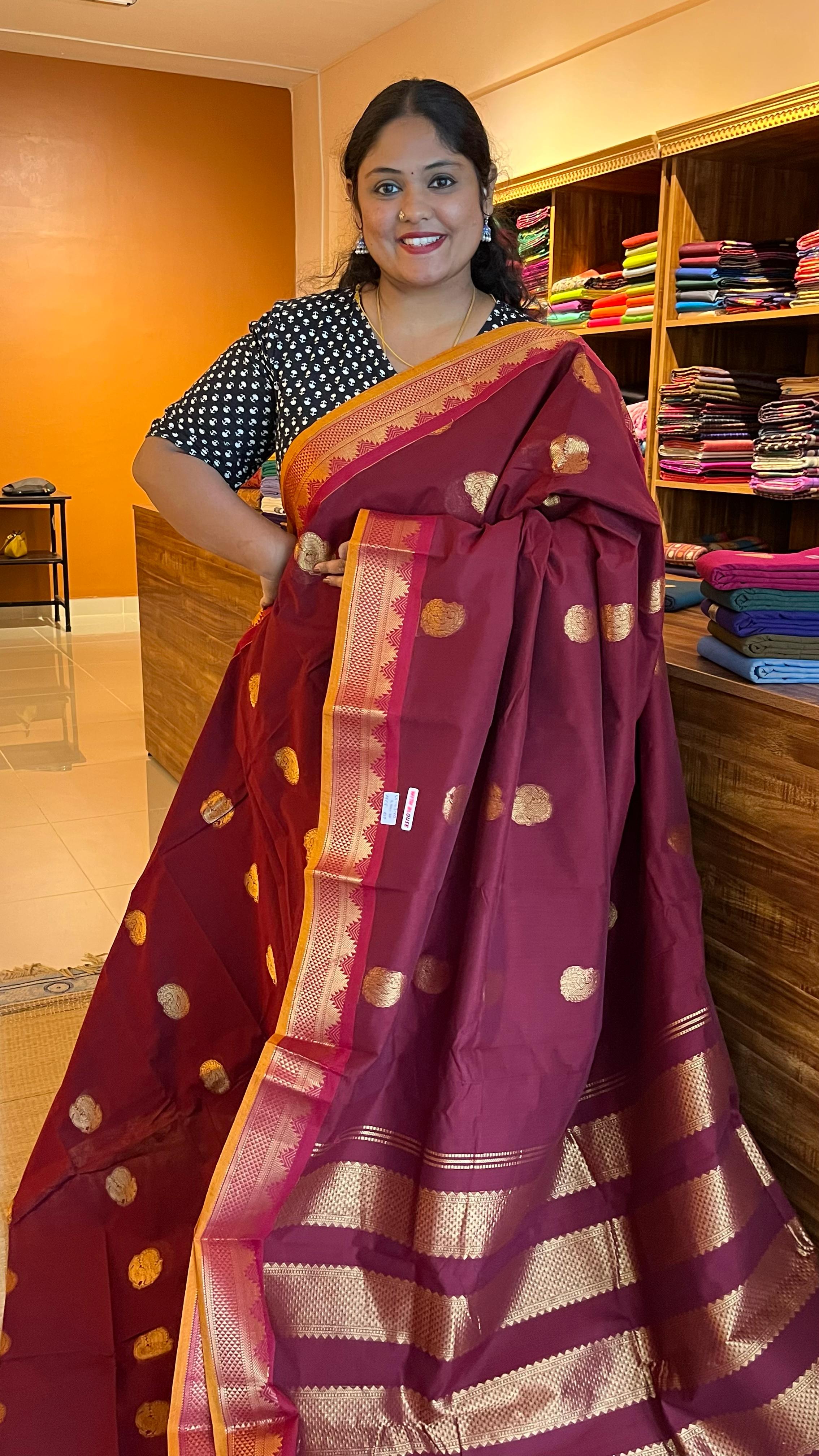 Mercerised Kanchi Cotton Saree -  01-03-10-MCS-07 Arakku Maroon