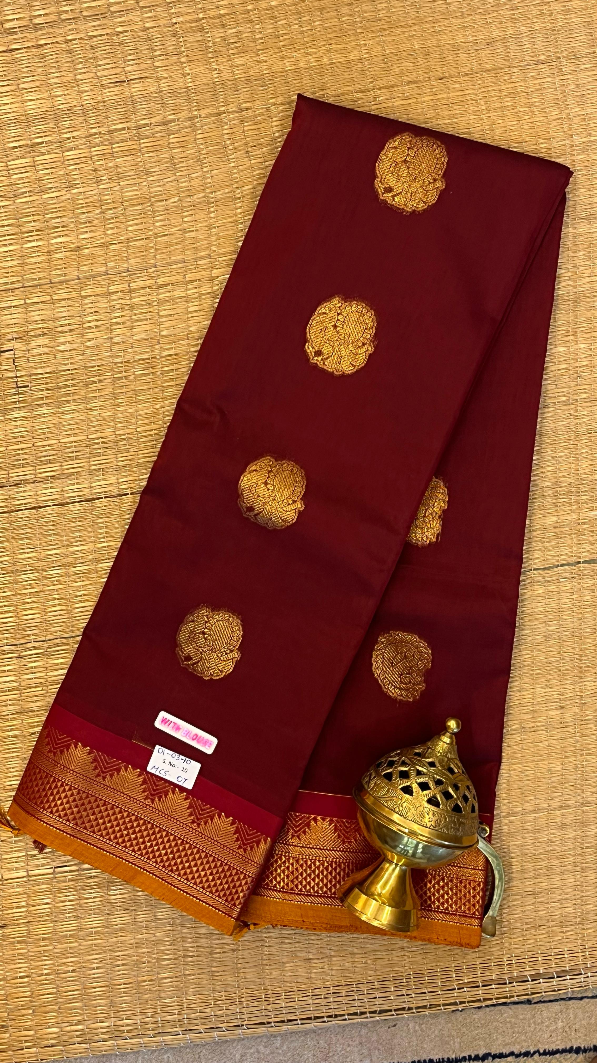 Mercerised Kanchi Cotton Saree -  01-03-10-MCS-07 Arakku Maroon
