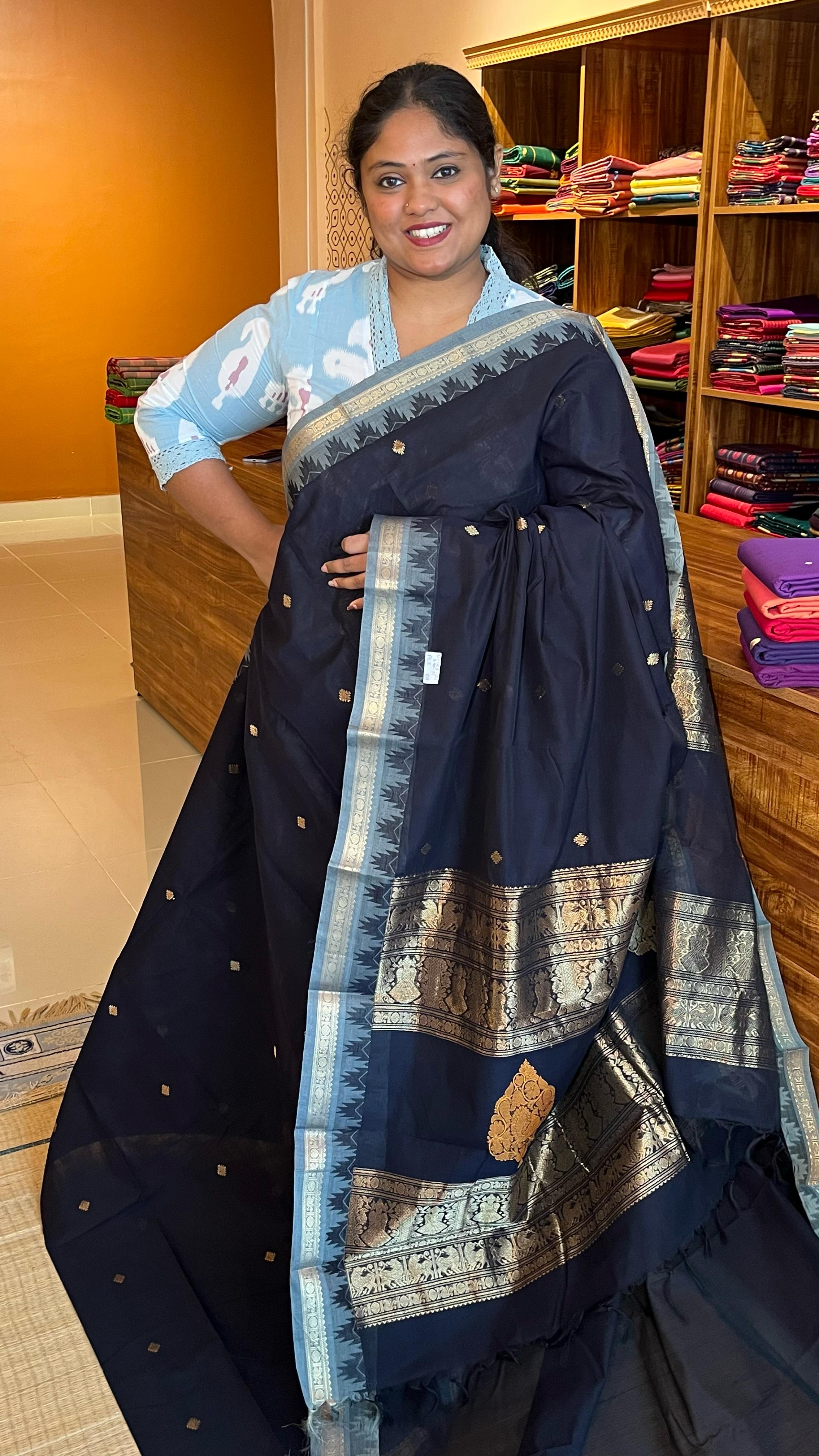 Pure Kanchi Cotton Saree - 01-03-21-PCS-09 (Black with Grey)