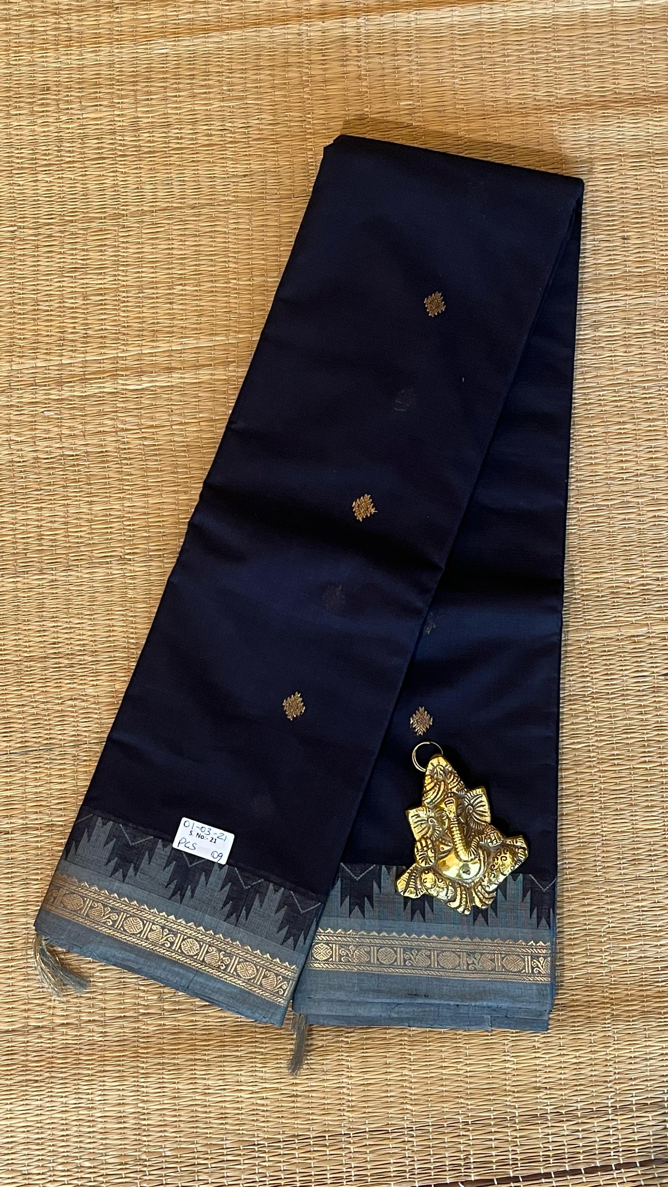 Pure Kanchi Cotton Saree - 01-03-21-PCS-09 (Black with Grey)