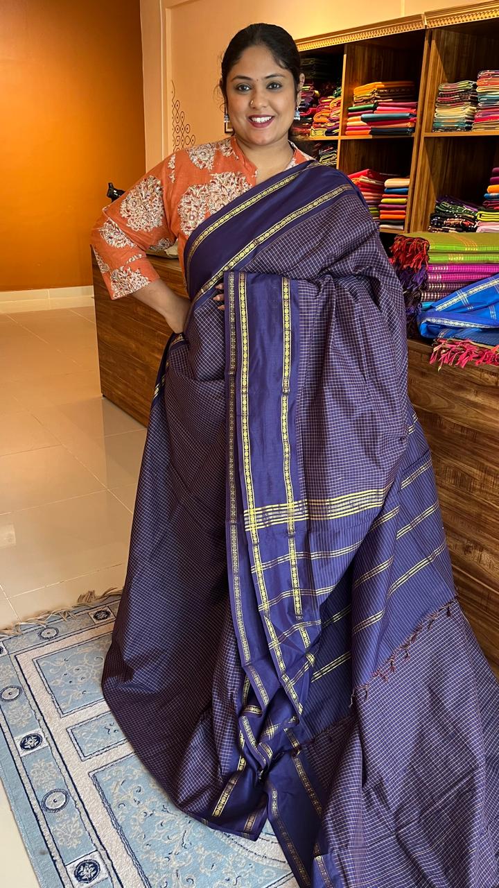Semi Silk Kattam Saree - 01-07-06-37 (Navy Blue)