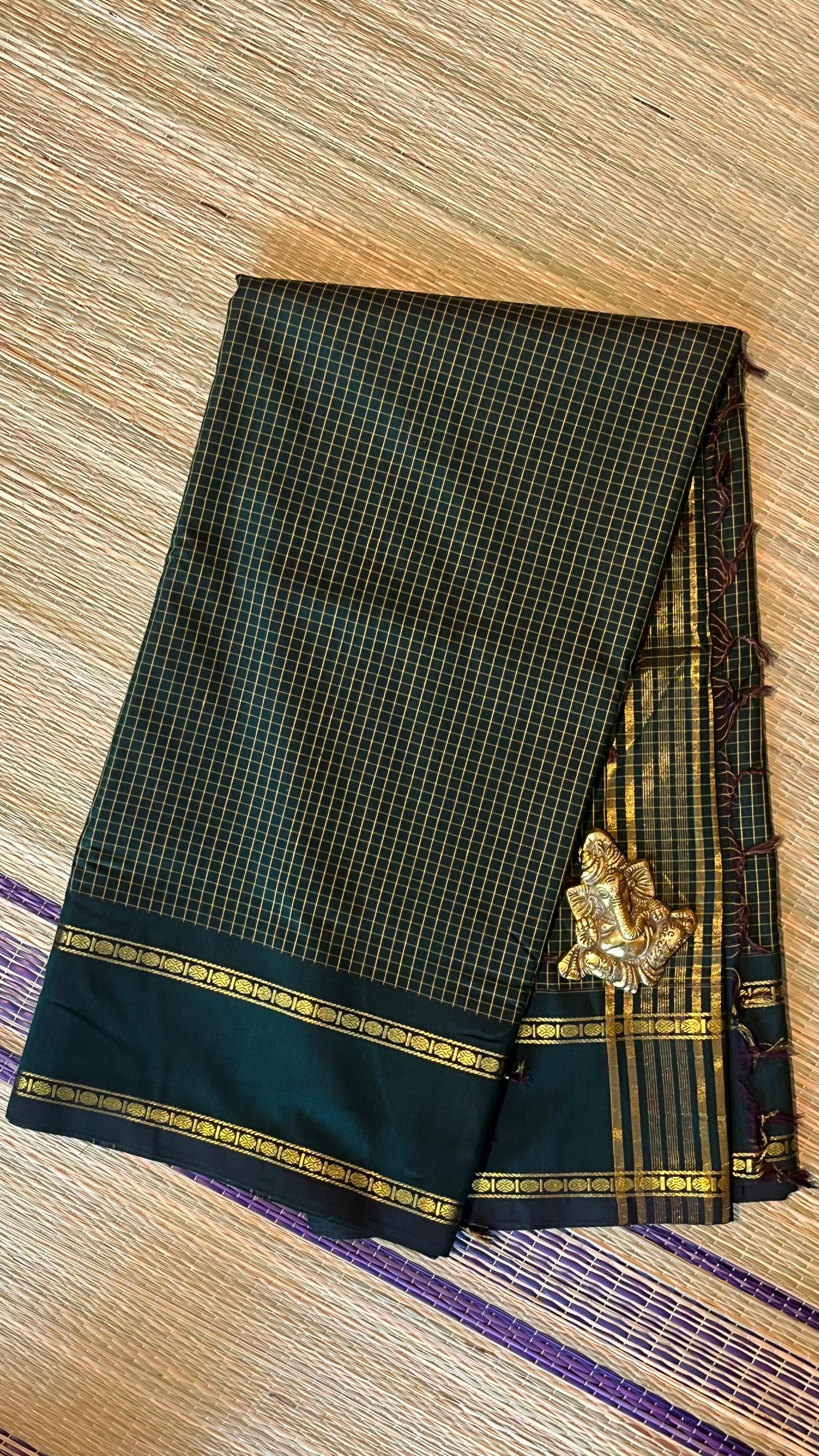 Semi silk 10 yards kattam saree - 01-07-16-02 (Dark Green)