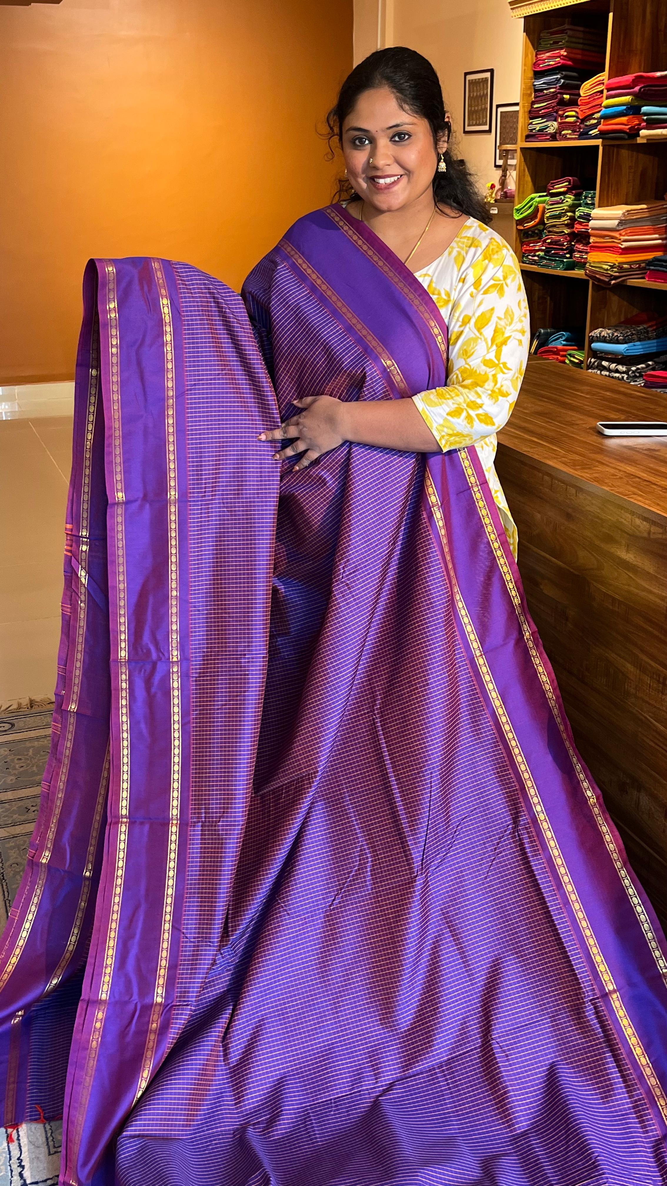 Semi silk 10 yards kattam saree - 01-07-16-01(Violet shot orange)