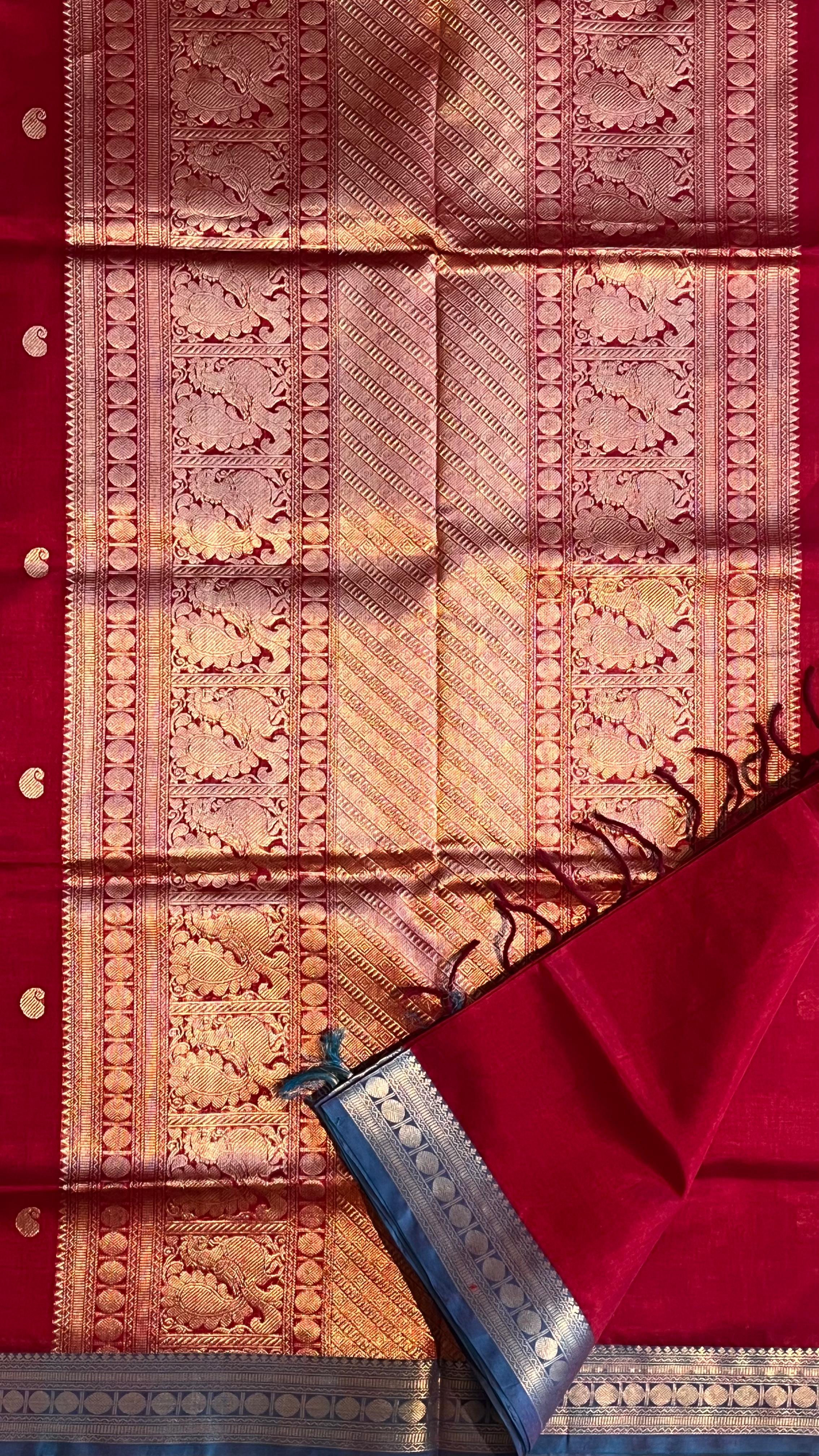 Kanchivaram Silk Cotton Saree - 01-07-23-06 (Red)