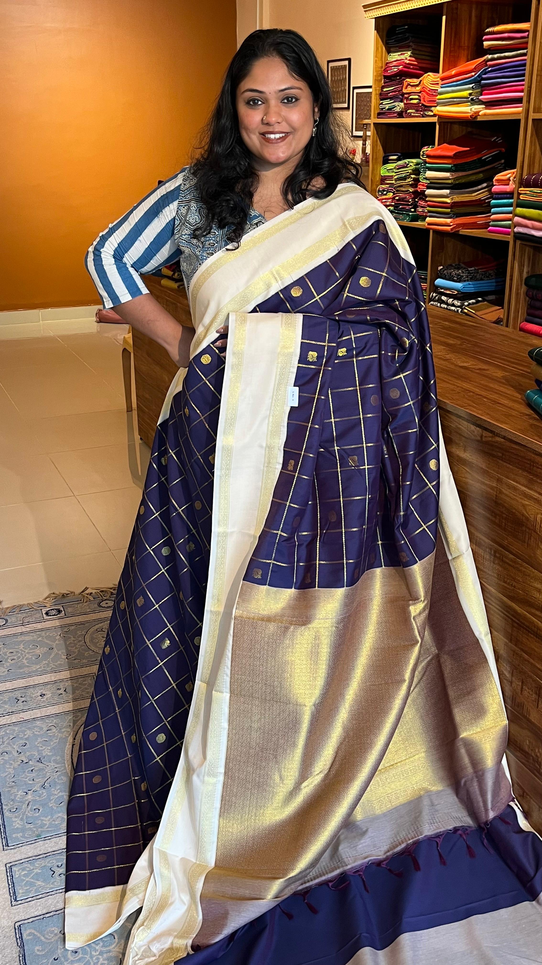 Semi silk Kattam bhutta saree - 01-07-06B-04 (Navy Blue)