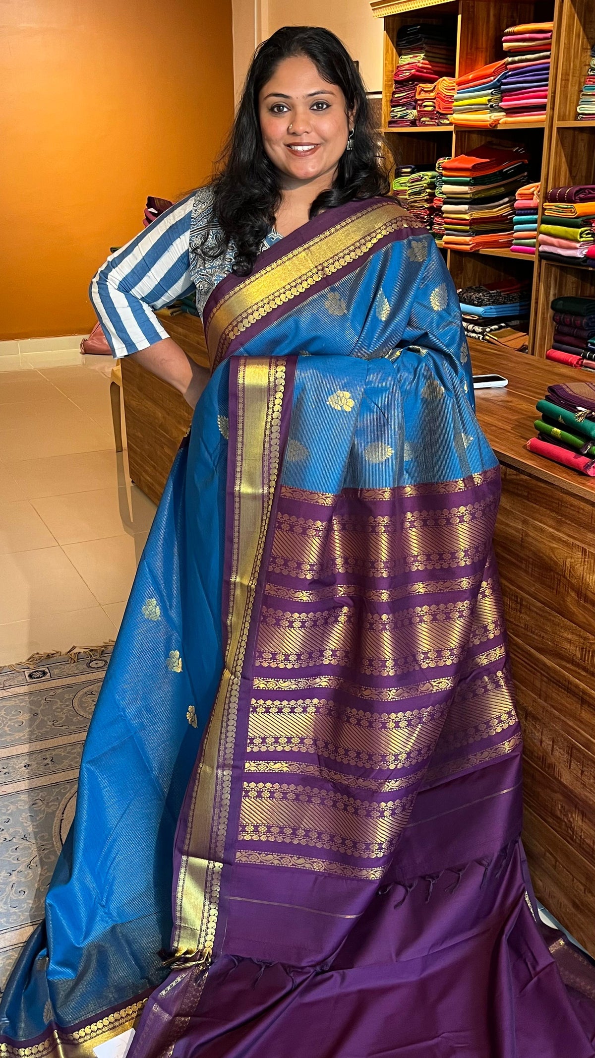 Semi Silk vairaoosi bhutta saree - 01-07-03B-11  (Dark Blue)