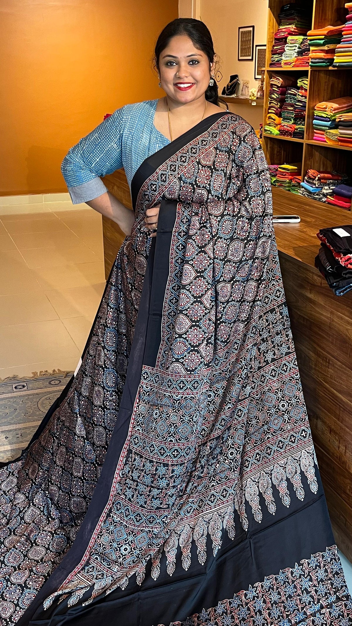 Ajrakh Modal Silk Saree - 46-07-01-05