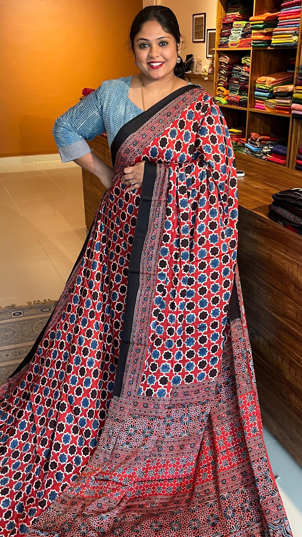 Ajrakh Modal Silk Saree - 46-07-01-02