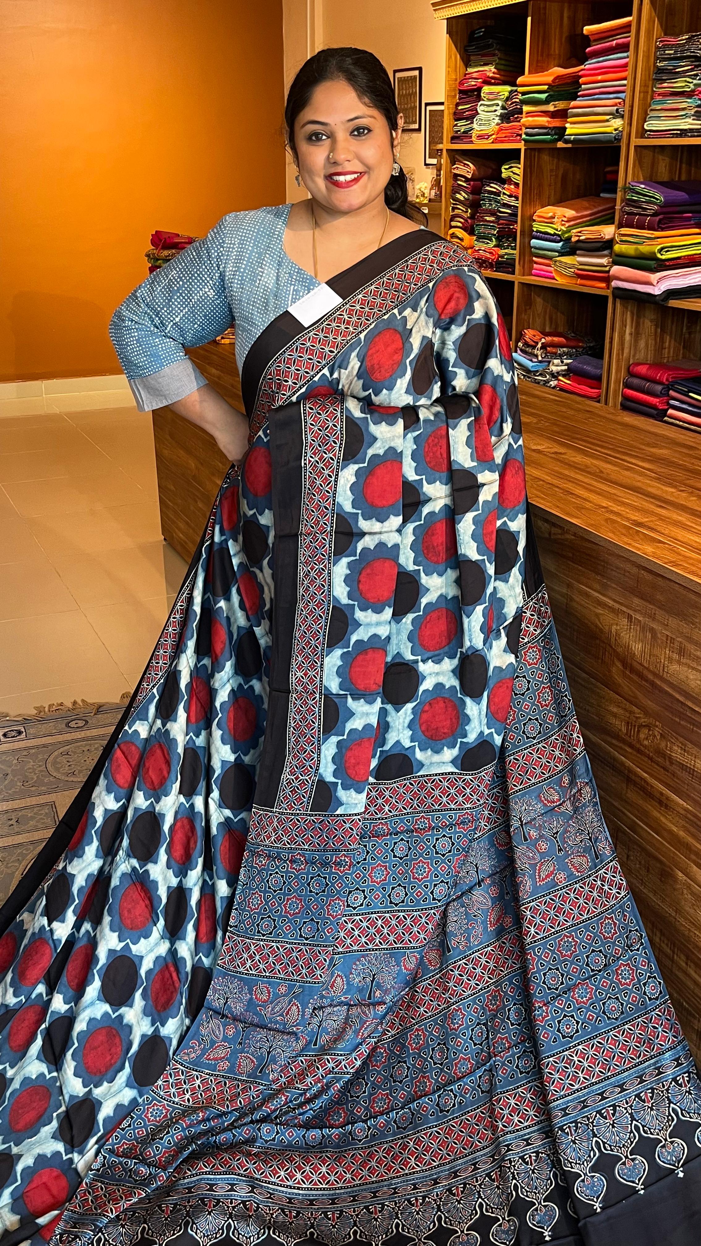 Ajrakh Modal Silk Saree - 46-05-01-03