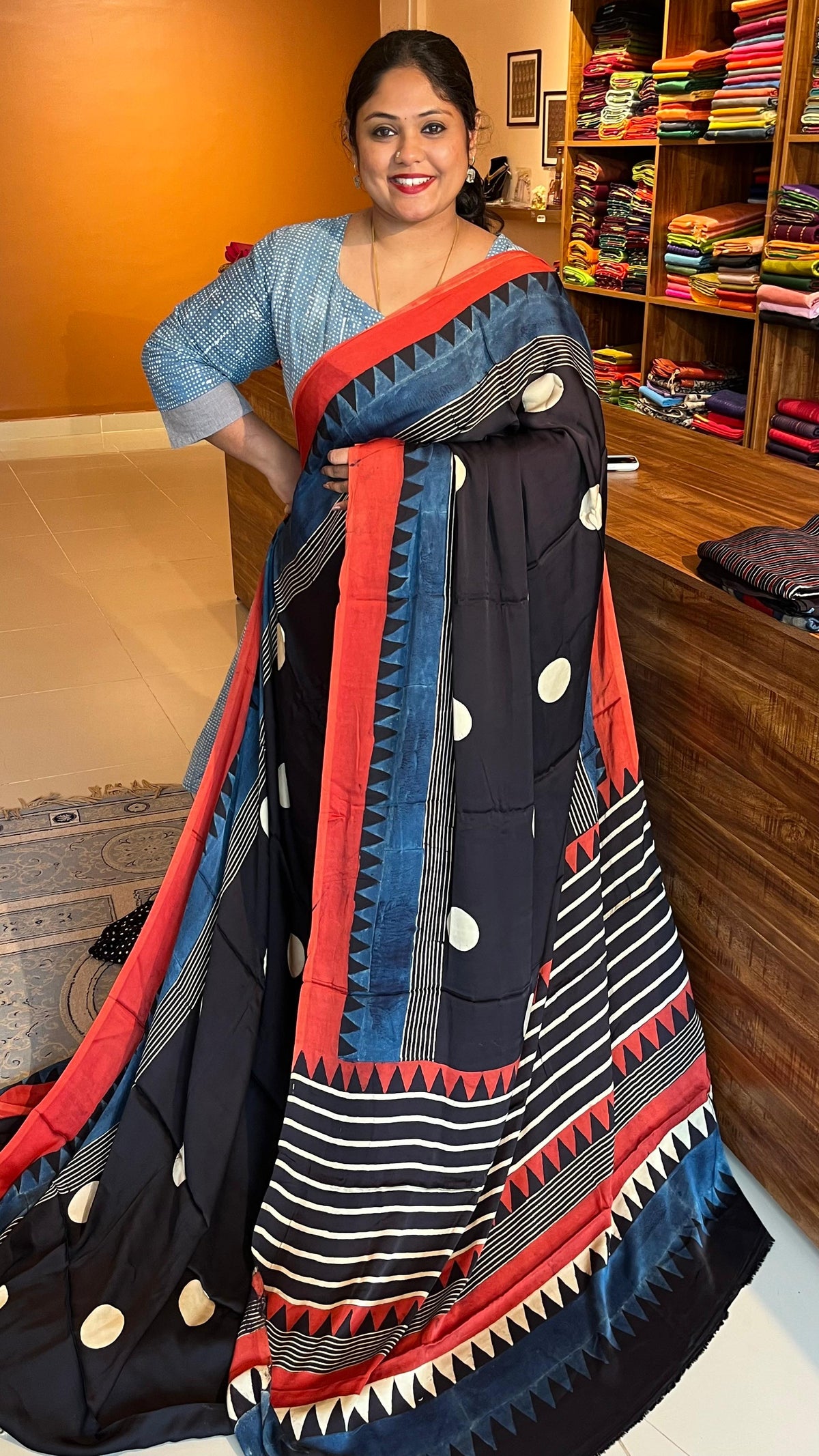 Ajrakh Modal Silk Saree - 46-07-01-06