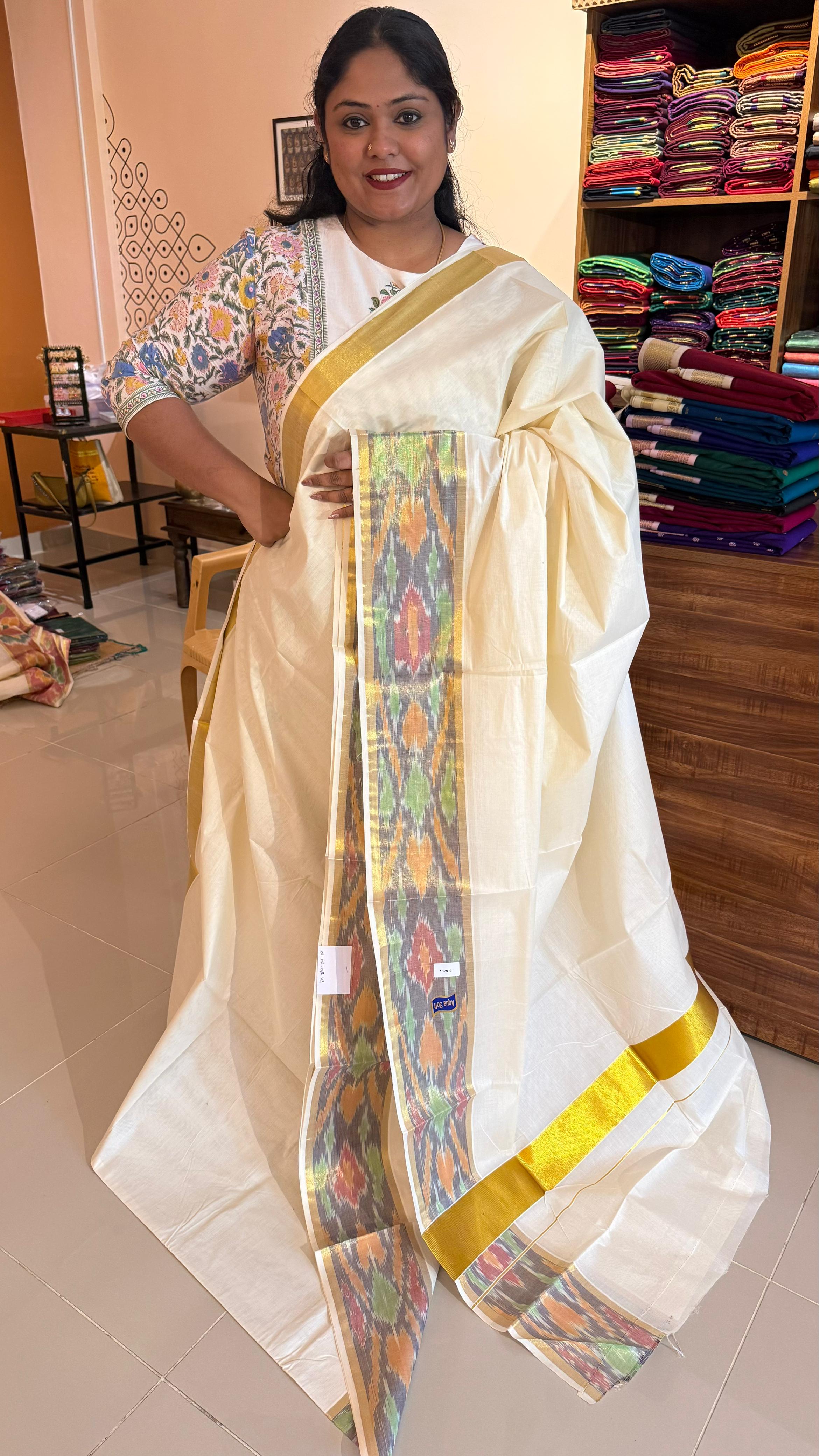 Kerala Cotton Sarees Floral Motif - Vishu Collection - 01-08-02-03